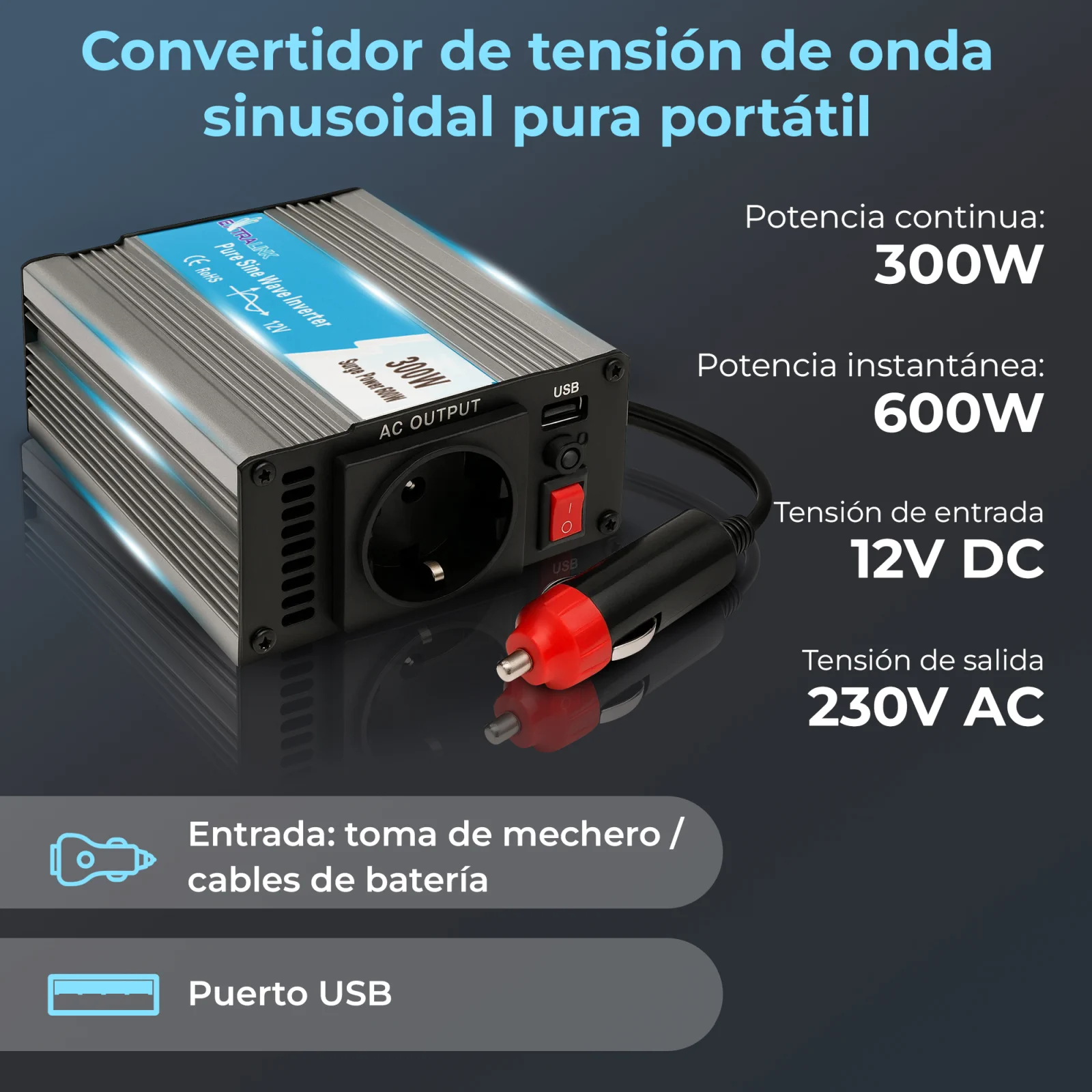 EXTRALINK CONVERTIDOR VOLTAJE COCHE 12V - 230V, 300W, PURO SENO OPIP-300W