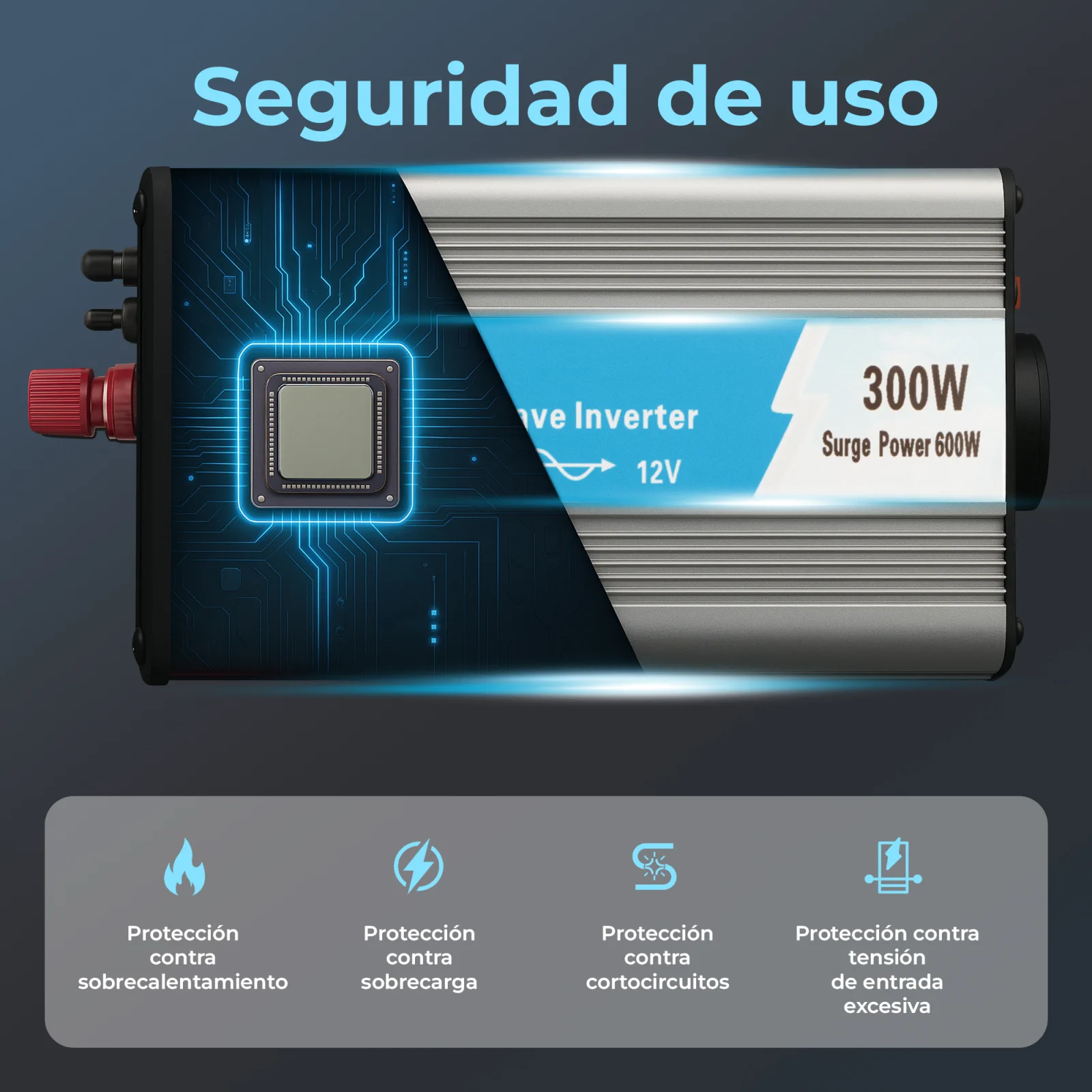 EXTRALINK CONVERTIDOR VOLTAJE COCHE 12V - 230V, 300W, PURO SENO OPIP-300W