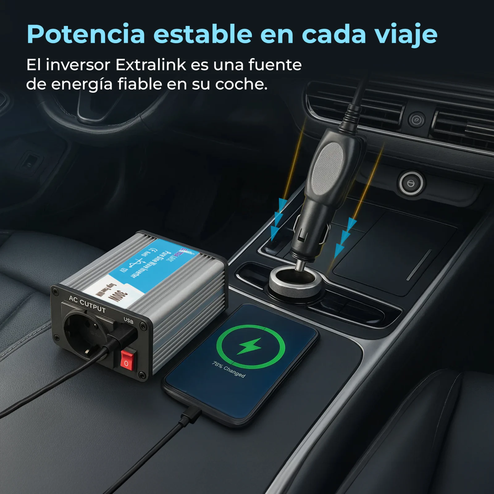 EXTRALINK CONVERTIDOR VOLTAJE COCHE 12V - 230V, 300W, PURO SENO OPIP-300W