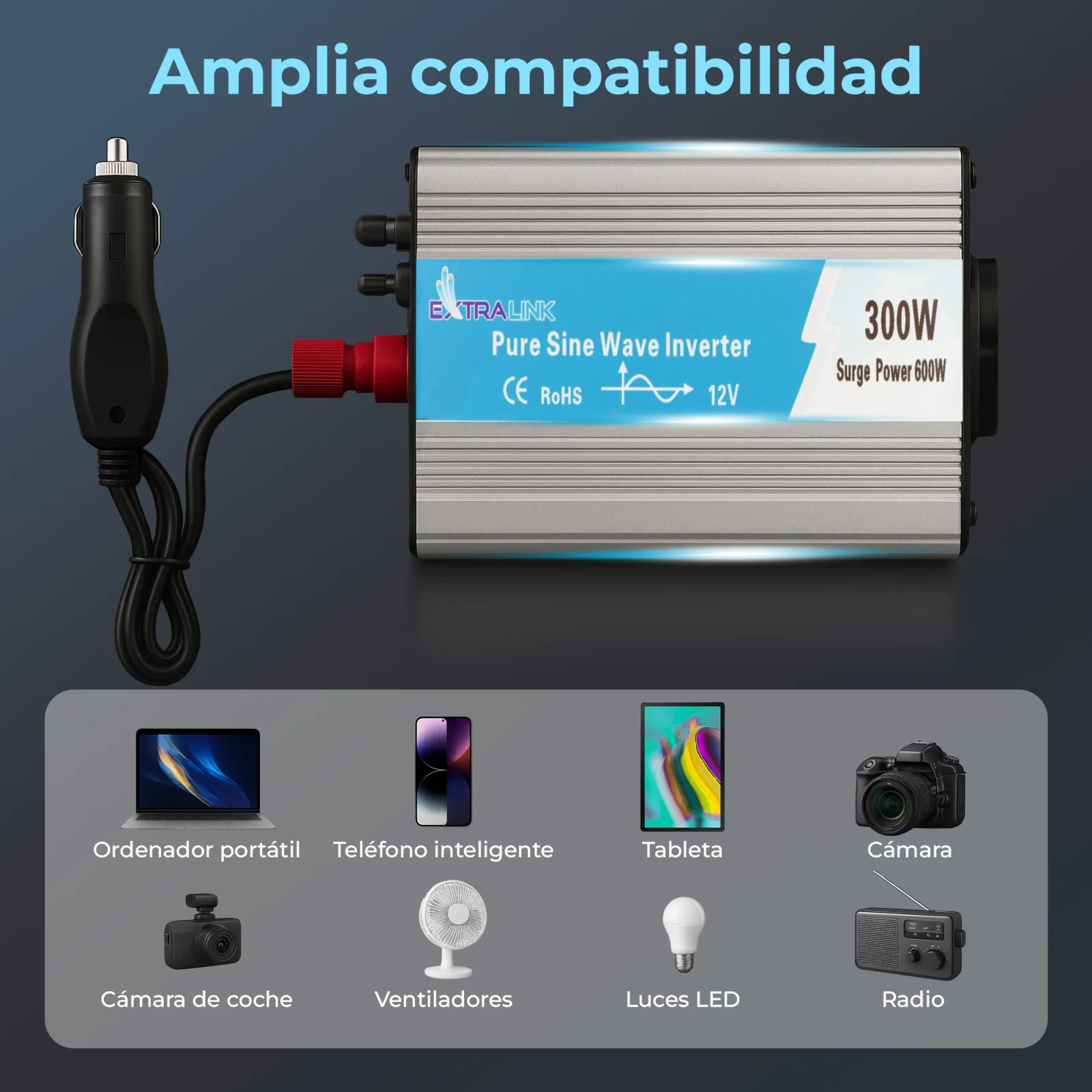 Extralink OPIP-300W | Convertidor de tensión | automoción 12V, 300W onda sinusoidal pura