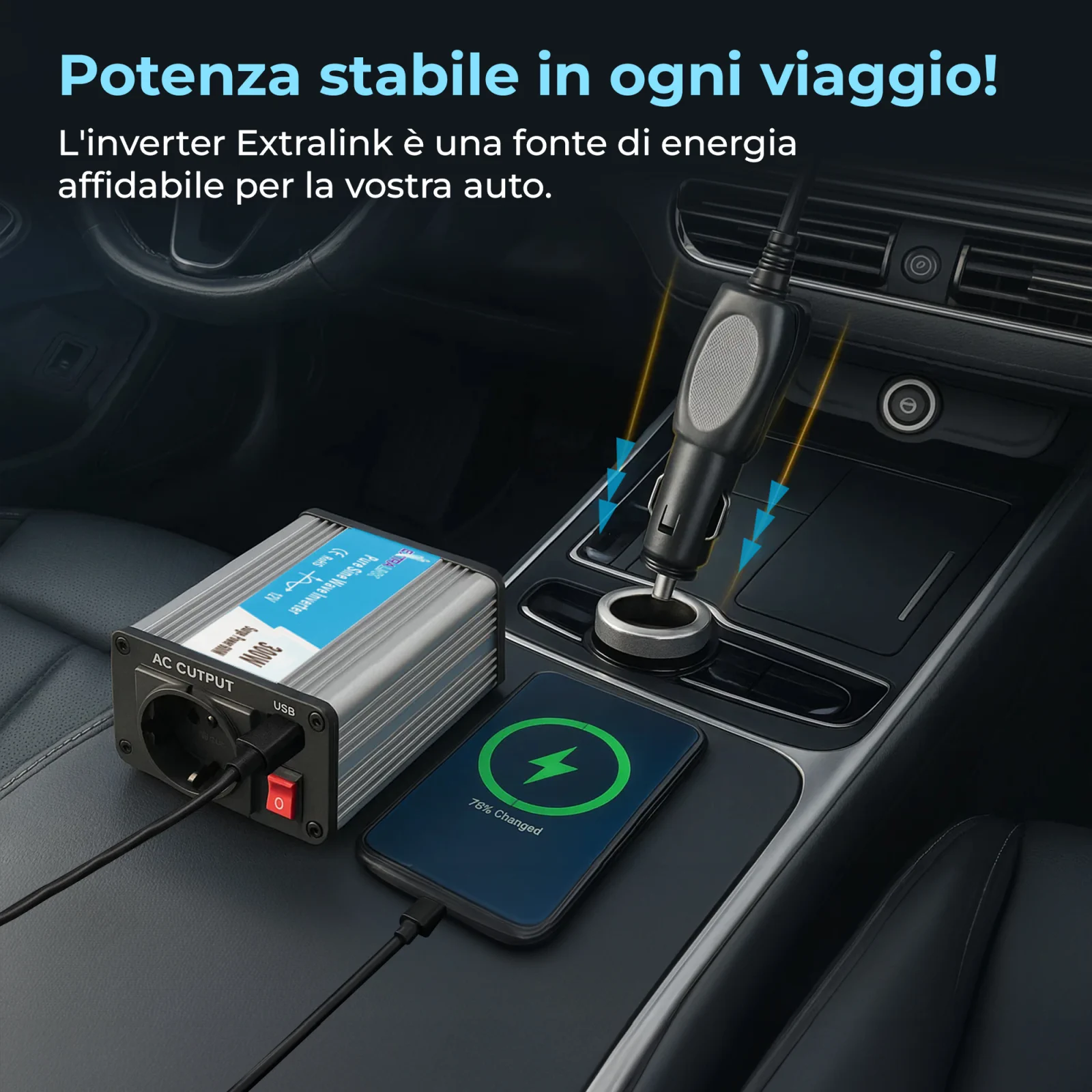 CONVERTITORE DI TENSIONE PER AUTO EXTRALINK 12V - 230V, 300W, SINUS PURO OPIP-300W
