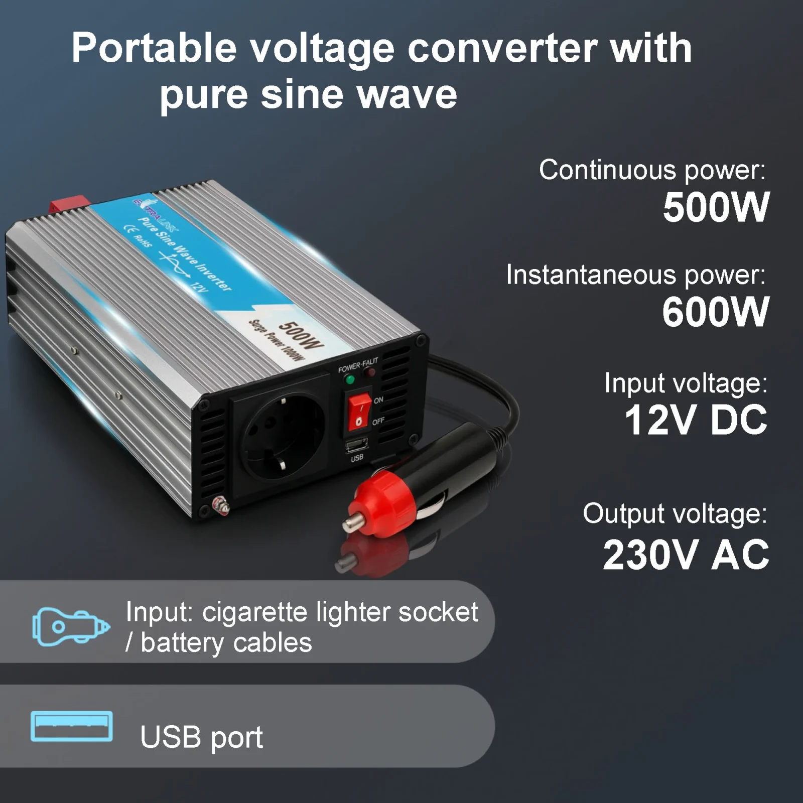 CONVERSOR DE TENSÃO AUTOMÓVEL EXTRALINK 12V - 230V, 500W, PURE SINUS OPIP-500W