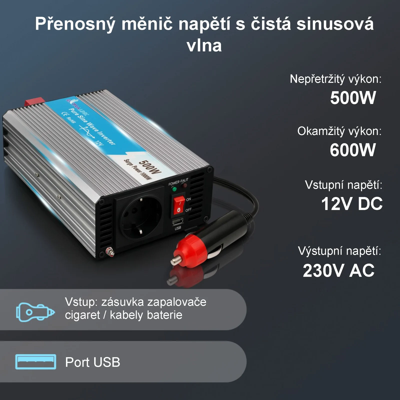 EXTRALINK MĚNIČ NAPĚT&Iacute; DO AUTA 12V - 230V, 500W, PURE SINUS OPIP-500W