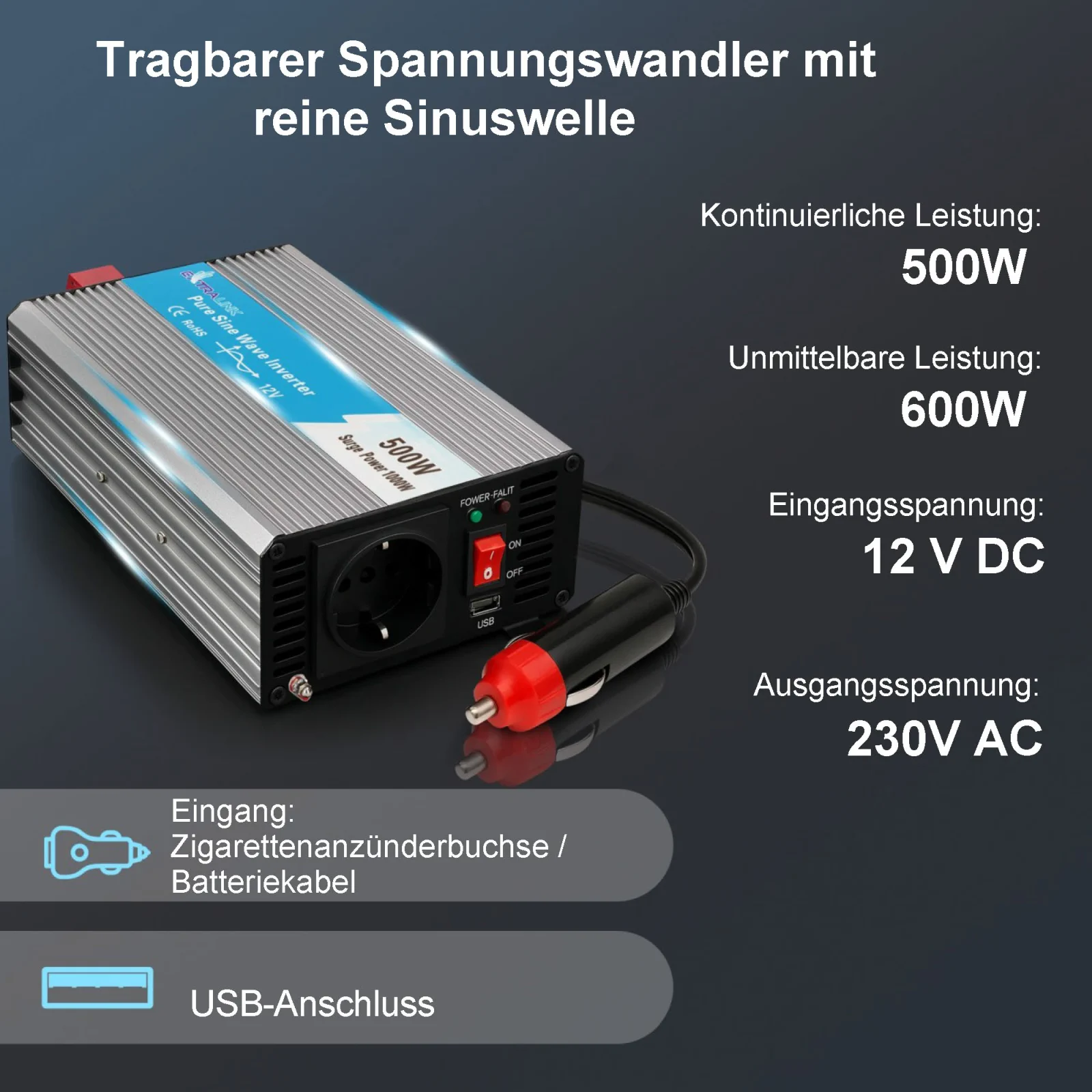 EXTRALINK AUTO SPANNUNGSWANDLER 12V - 230V, 500W, REINER SINUS OPIP-500W