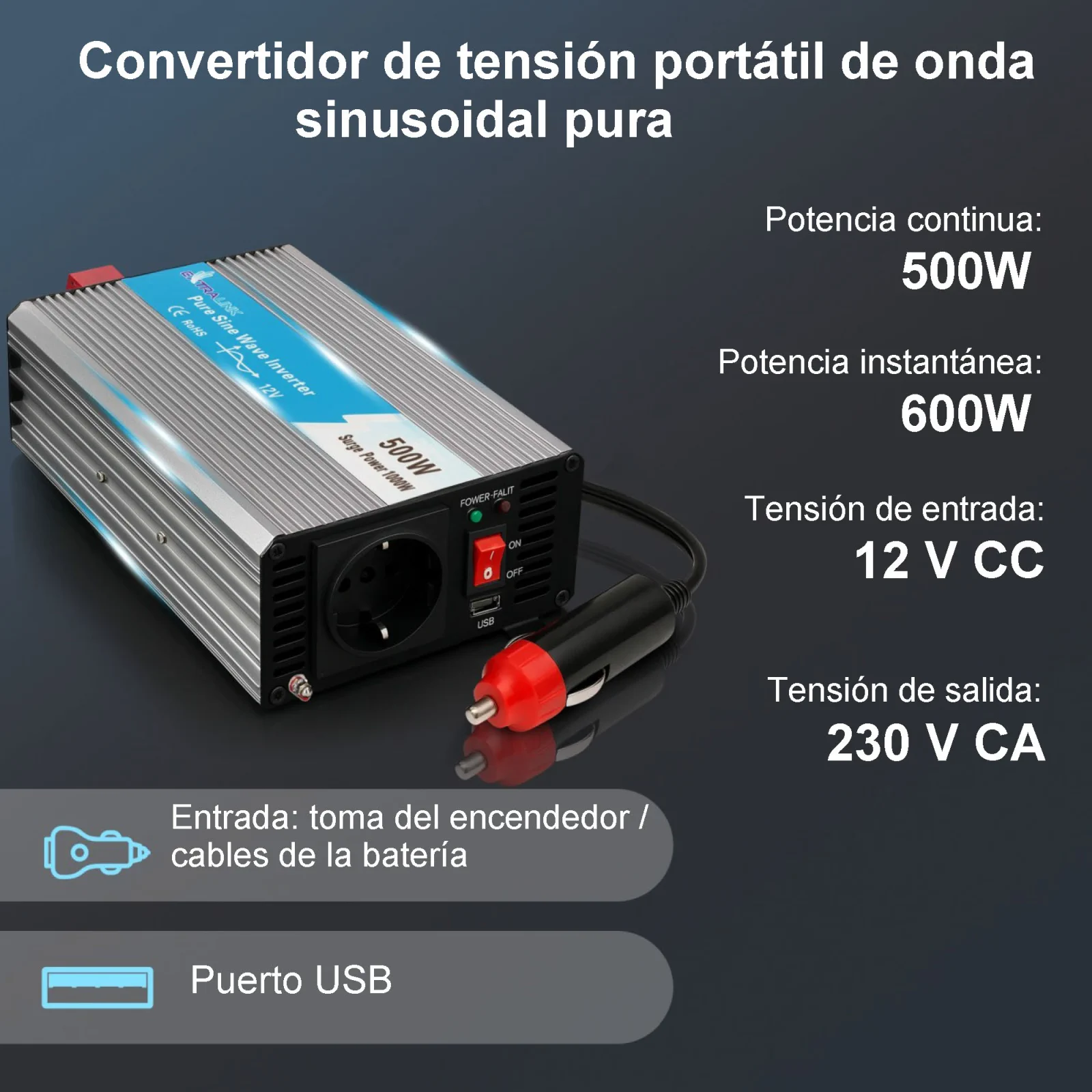EXTRALINK CONVERTIDOR VOLTAJE COCHE 12V - 230V, 500W, PURO SENO OPIP-500W