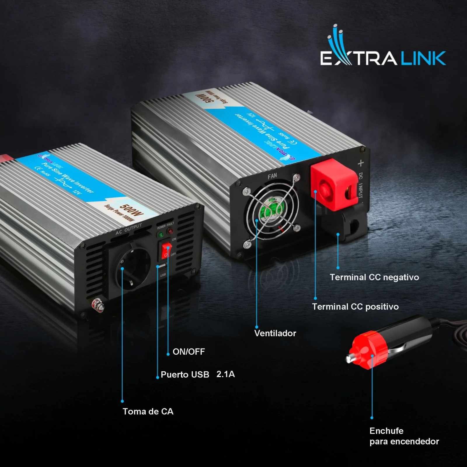 Extralink OPIP-500W | Convertidor de tensión | automoción 12V, 500W onda sinusoidal pura