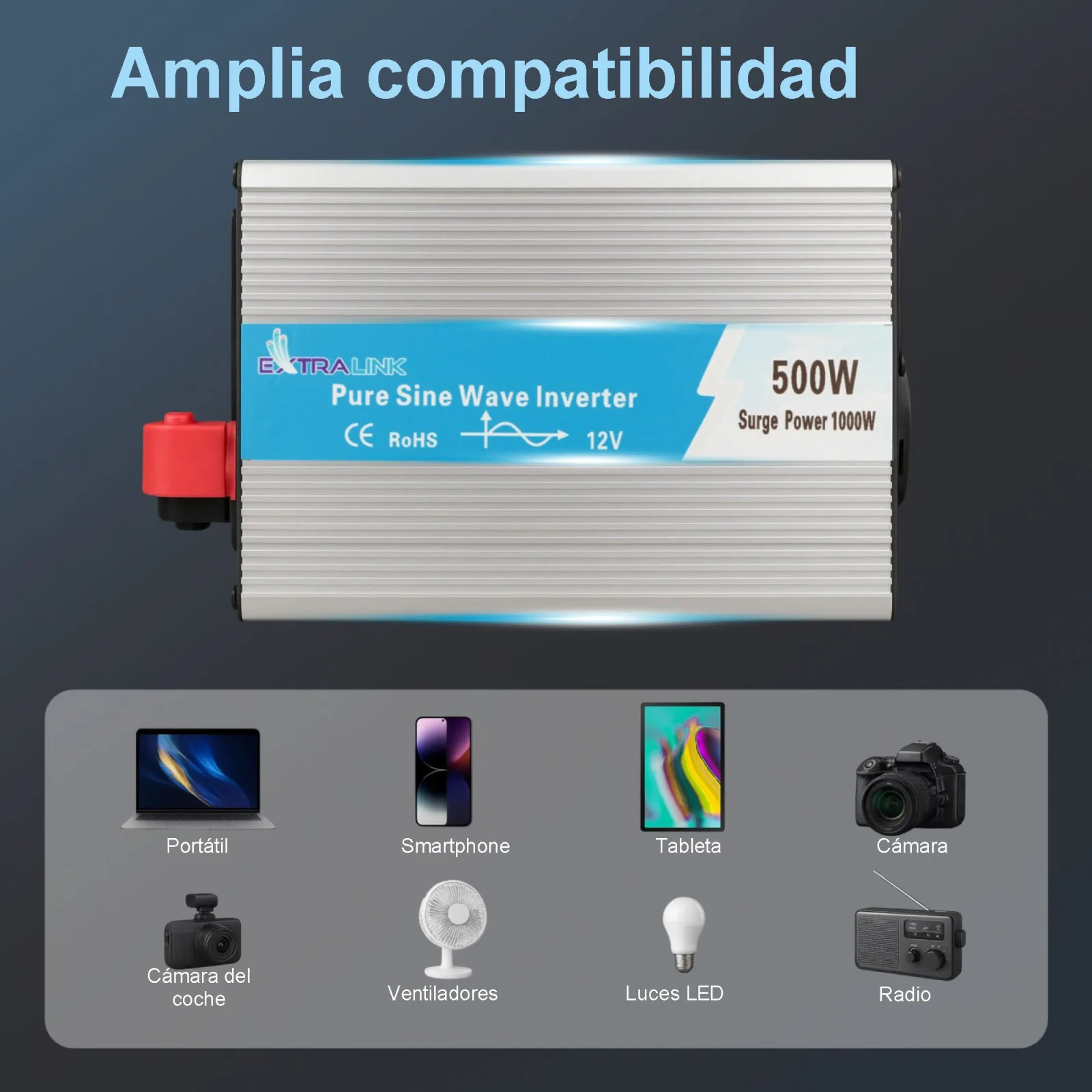 Extralink OPIP-500W | Convertidor de tensión | automoción 12V, 500W onda sinusoidal pura
