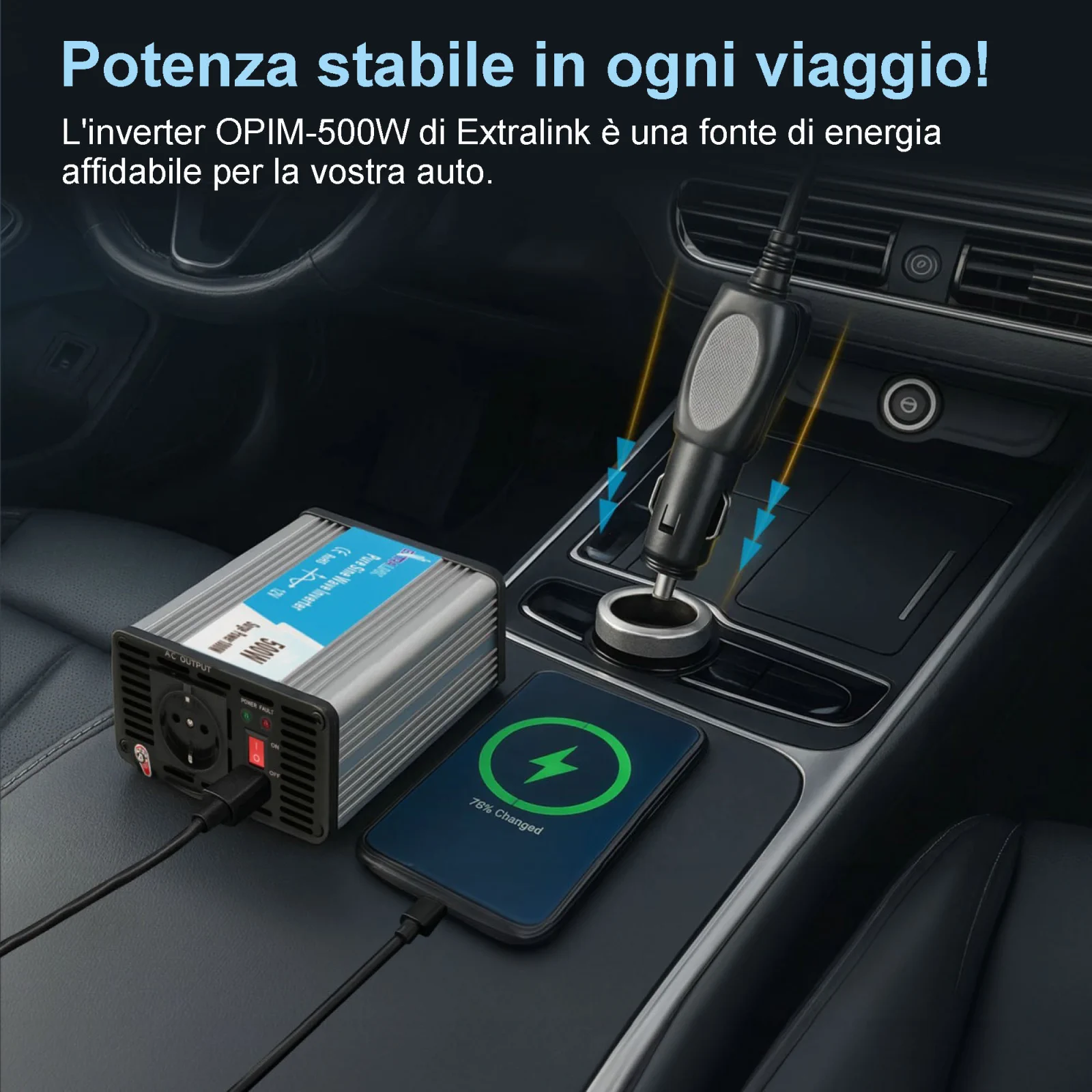 CONVERTITORE DI TENSIONE PER AUTO EXTRALINK 12V - 230V, 500W, SINUS PURO OPIP-500W