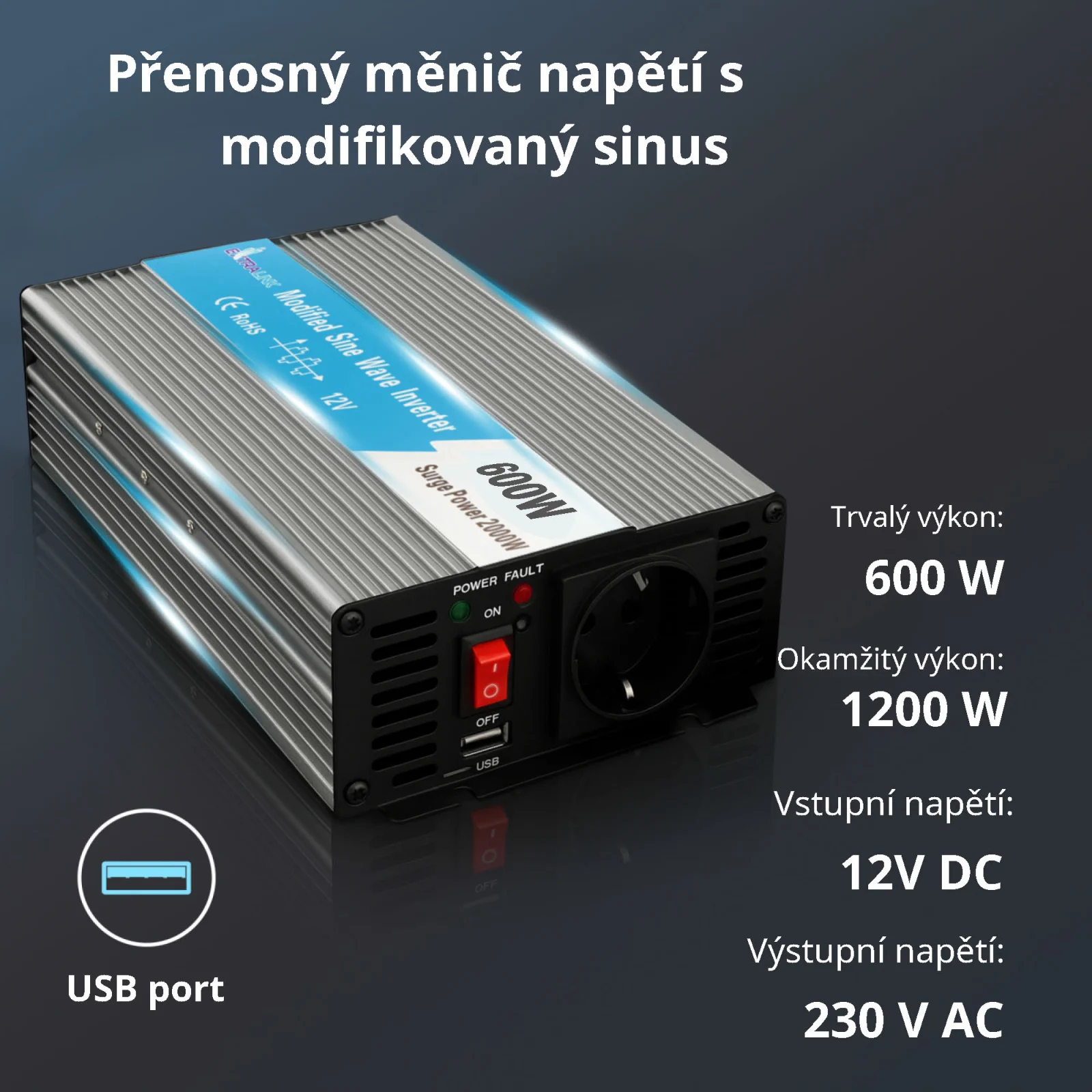 EXTRALINK MĚNIČ NAPĚTÍ 12V - 230V, 600W, PURE SINUS OPIP-600W