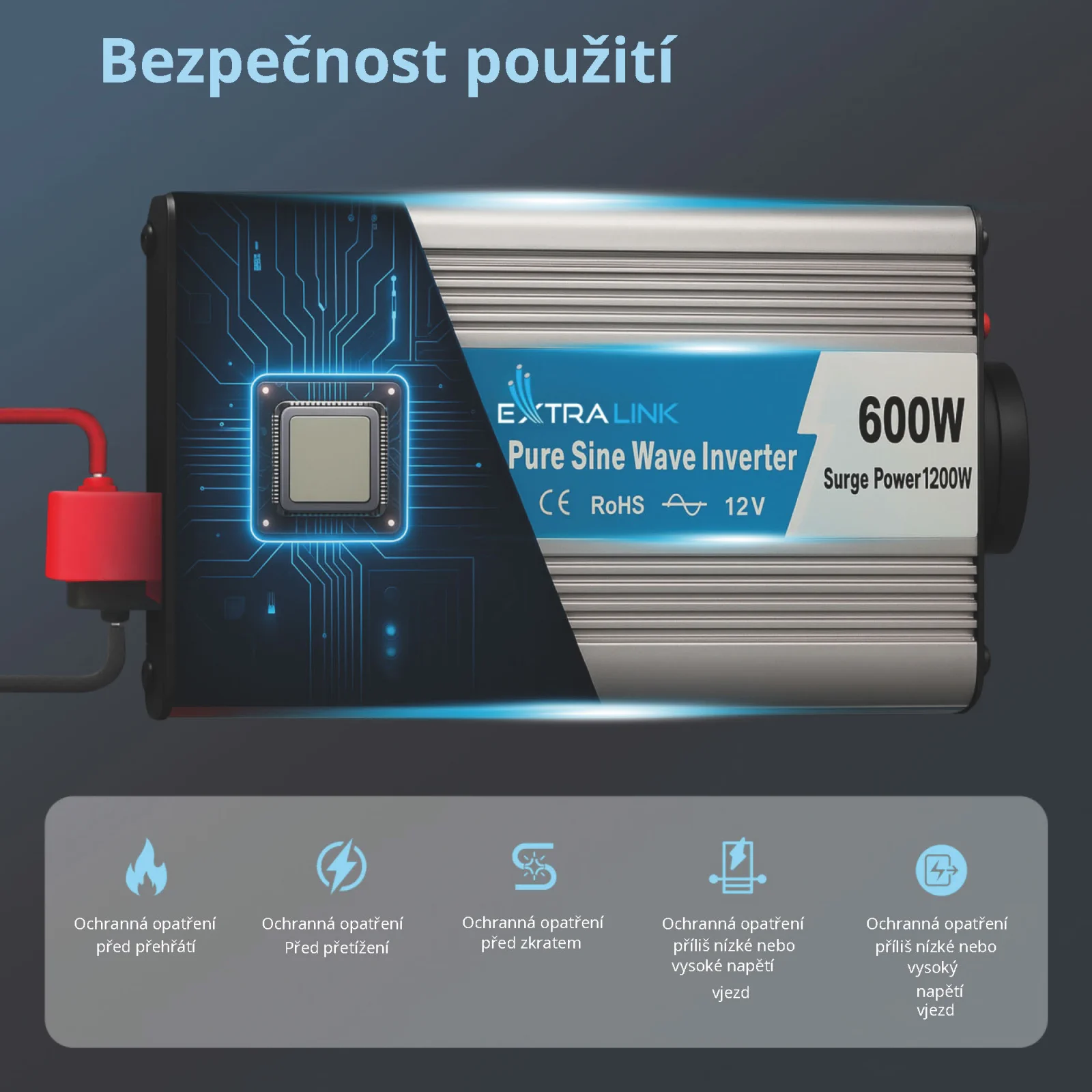EXTRALINK MĚNIČ NAPĚTÍ 12V - 230V, 600W, PURE SINUS OPIP-600W