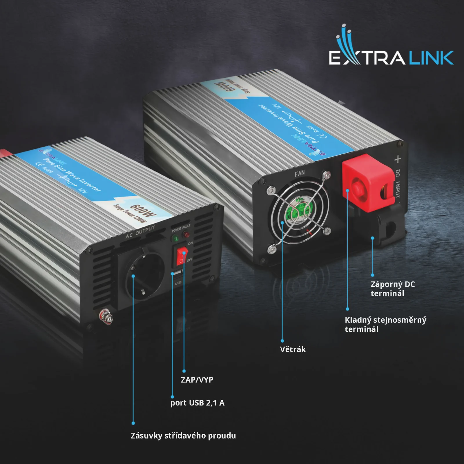Extralink OPIP-600W | Měnič napětí | automobilový 12V, 600W čistá sinusovka