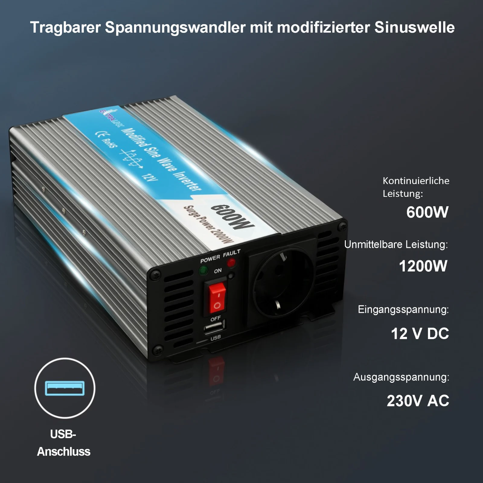 EXTRALINK SPANNUNGSWANDLER 12V - 230V, 600W, REINER SINUS OPIP-600W