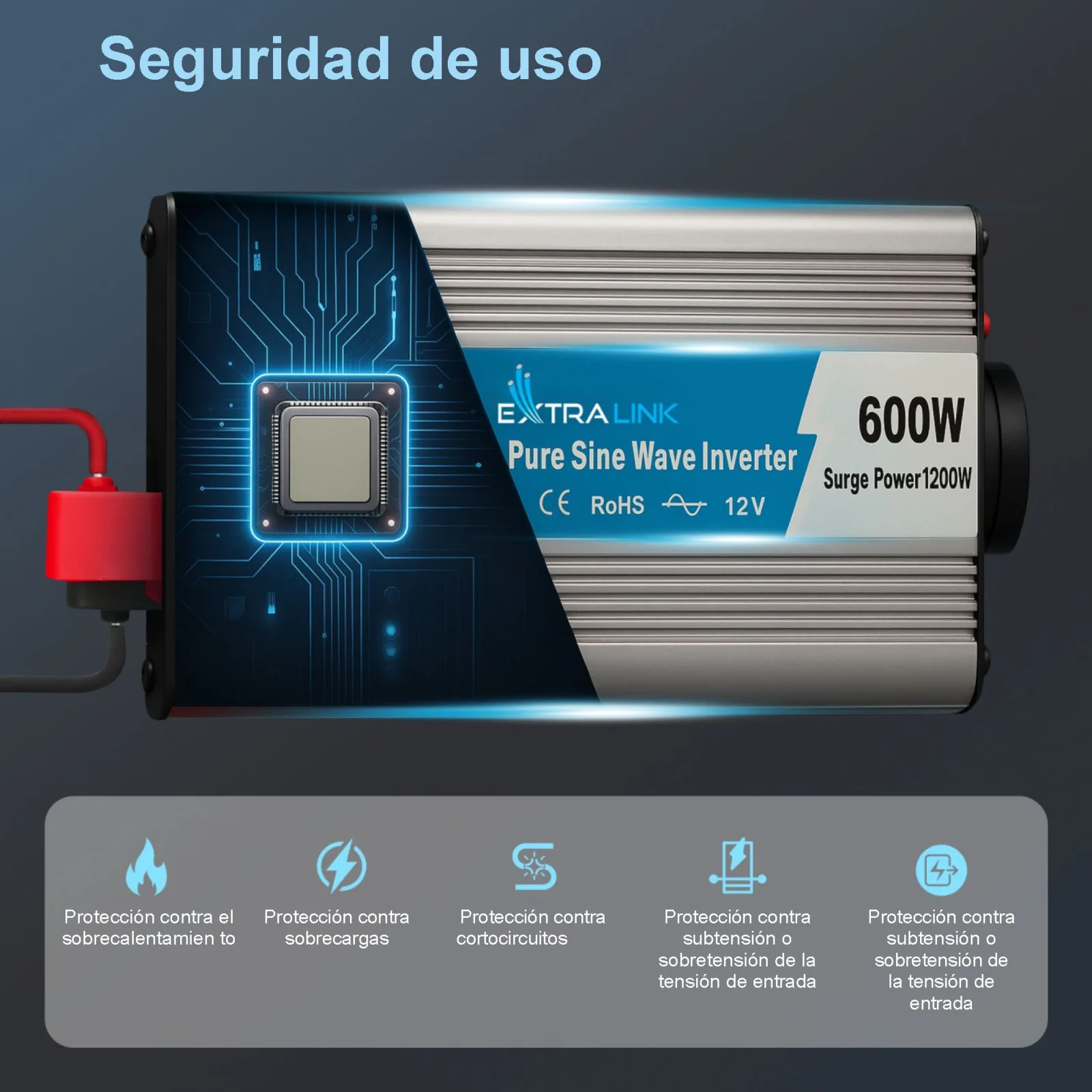 CONVERTIDOR DE TENSIÓN EXTRALINK 12V - 230V, 600W, SINUSOIDAL PURO OPIP-600W