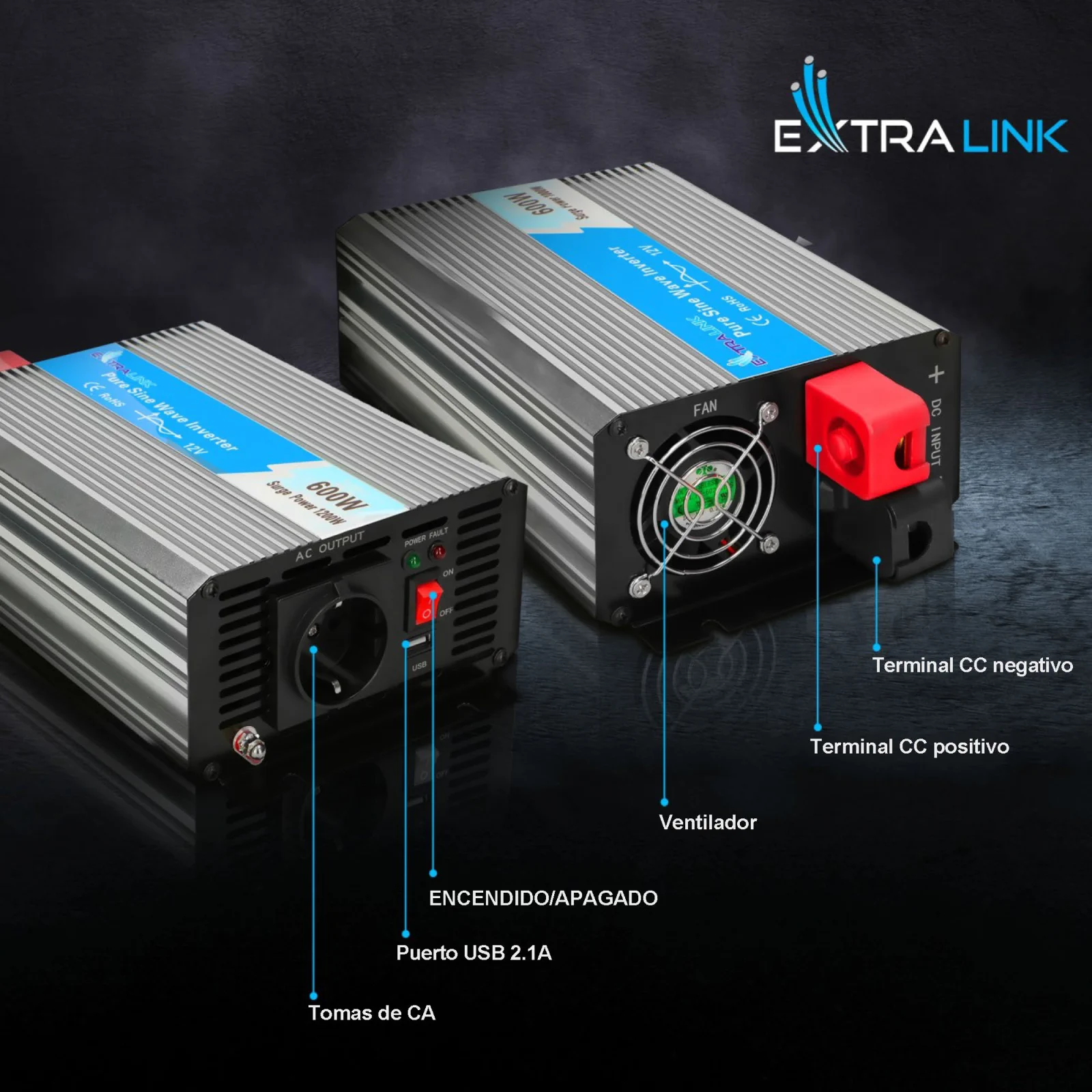 Extralink OPIP-600W | Convertidor de tensión | automoción 12V, 600W onda sinusoidal pura
