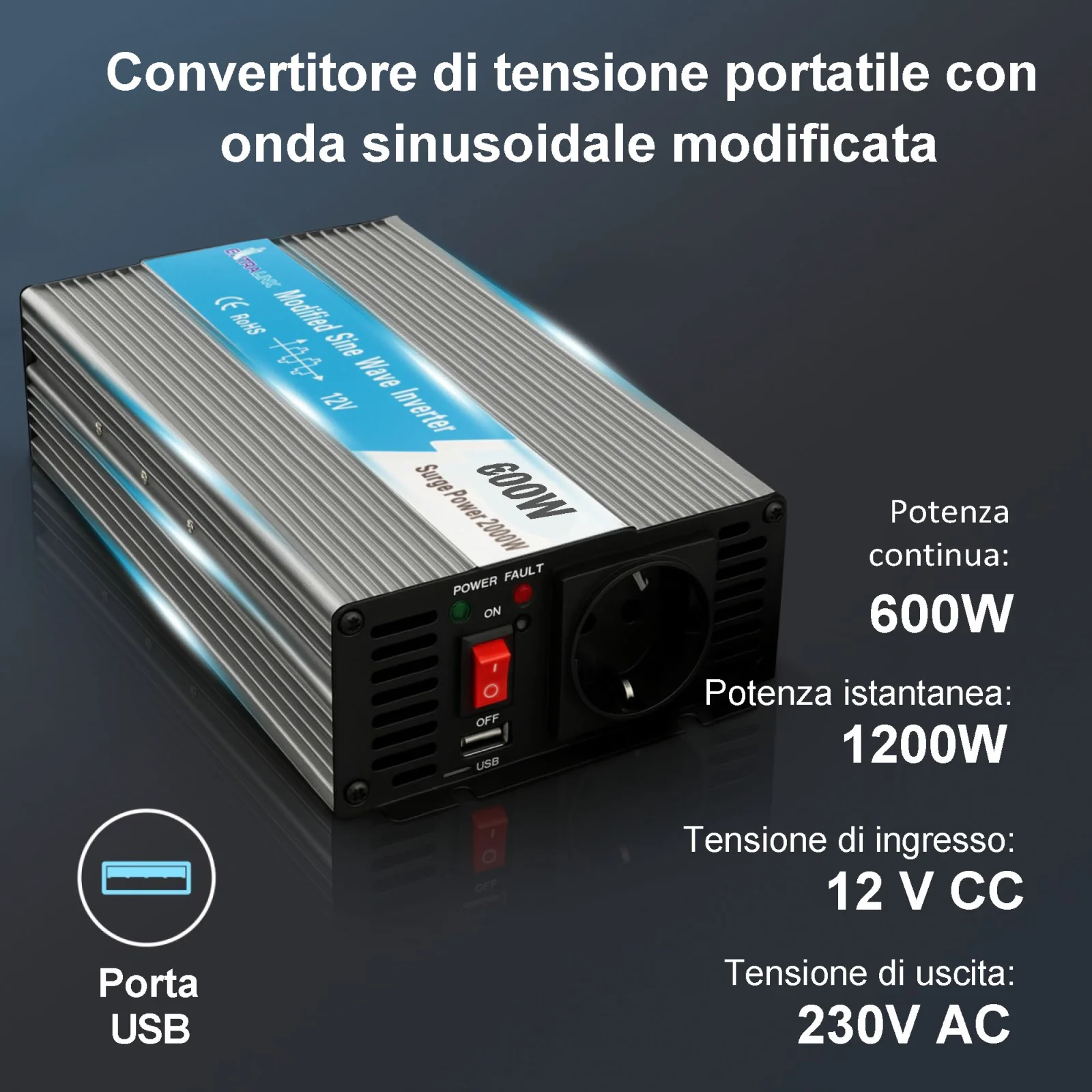 CONVERTITORE DI TENSIONE EXTRALINK 12V - 230V, 600W, SINUS PURO OPIP-600W