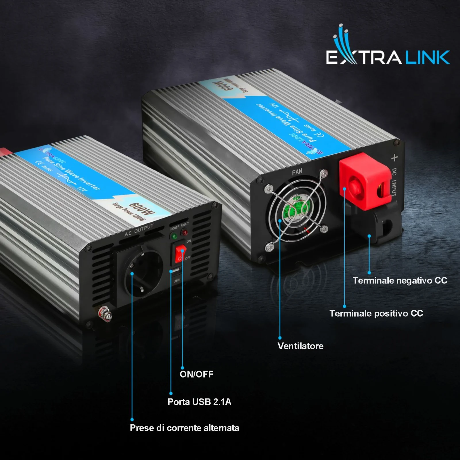 Extralink OPIP-600W | Convertitore di tensione | automotive 12V, 600W onda sinusoidale pura