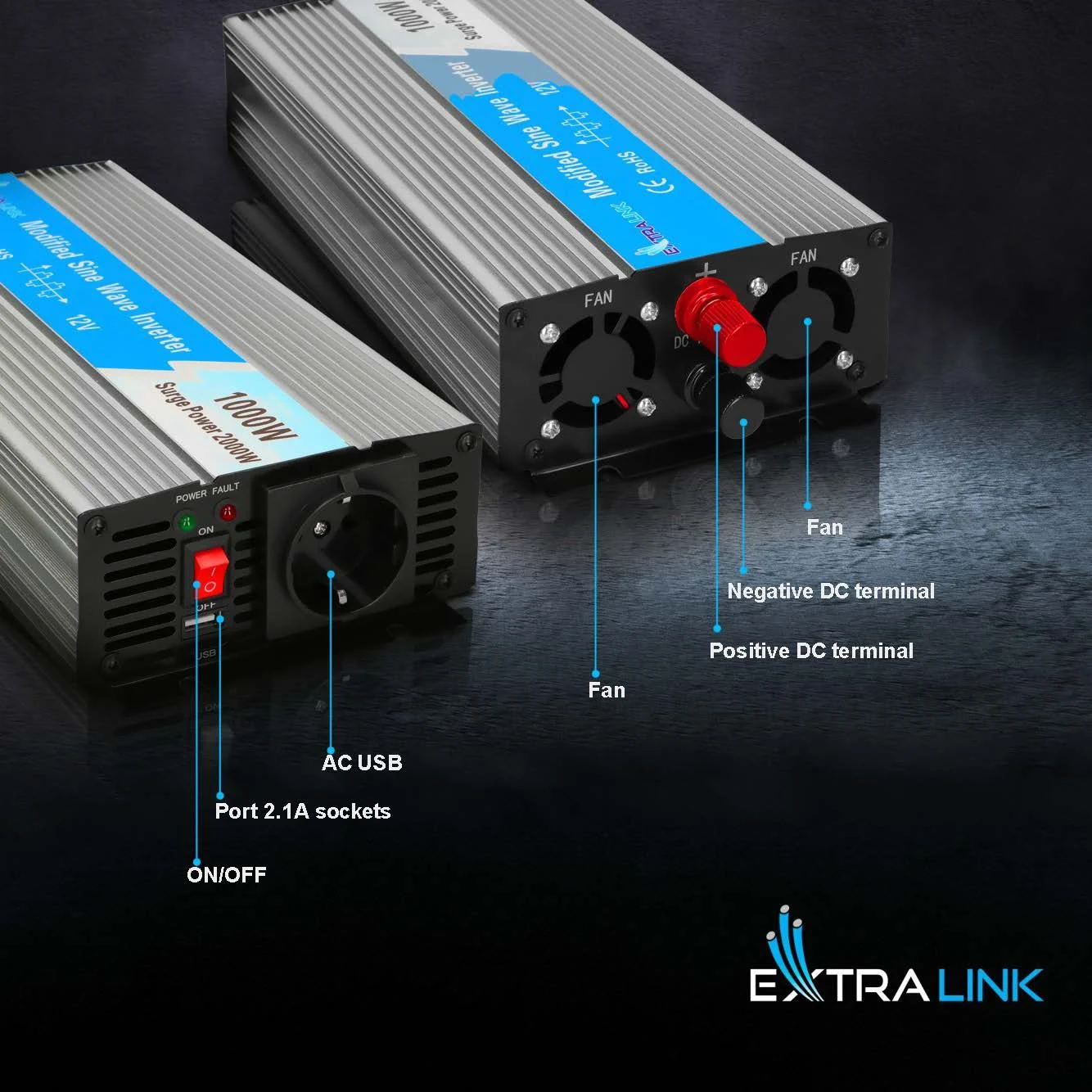 Extralink OPIM-1000W | Měnič napětí | automobilový 12V, 1000W modifikovaná sinusovka