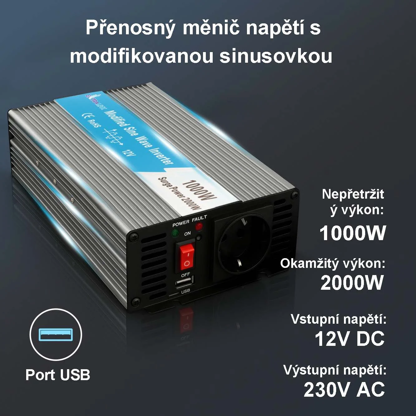 EXTRALINK MĚNIČ NAPĚTÍ 12V - 230V, 1000W, MODIFIKOVANÁ SINUSOVKA OPIM-1000W