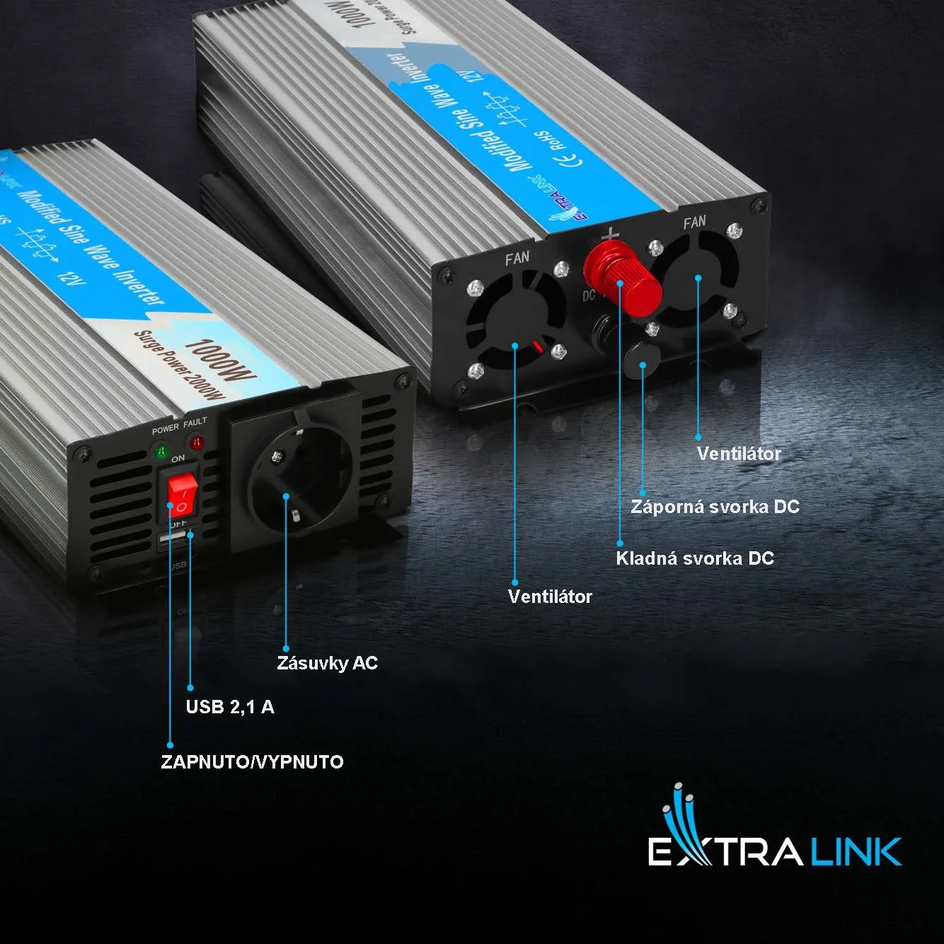 Extralink OPIM-1000W | Měnič napětí | automobilový 12V, 1000W modifikovaná sinusovka