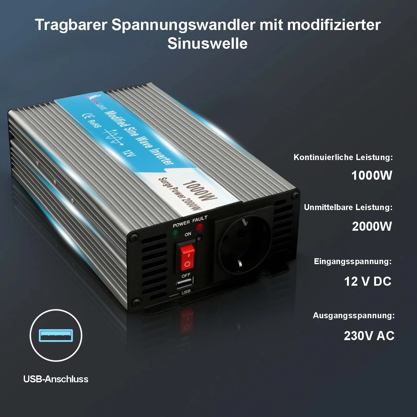EXTRALINK SPANNUNGSWANDLER 12V - 230V, 1000W, MODIFIZIERTER SINUS OPIM-1000W