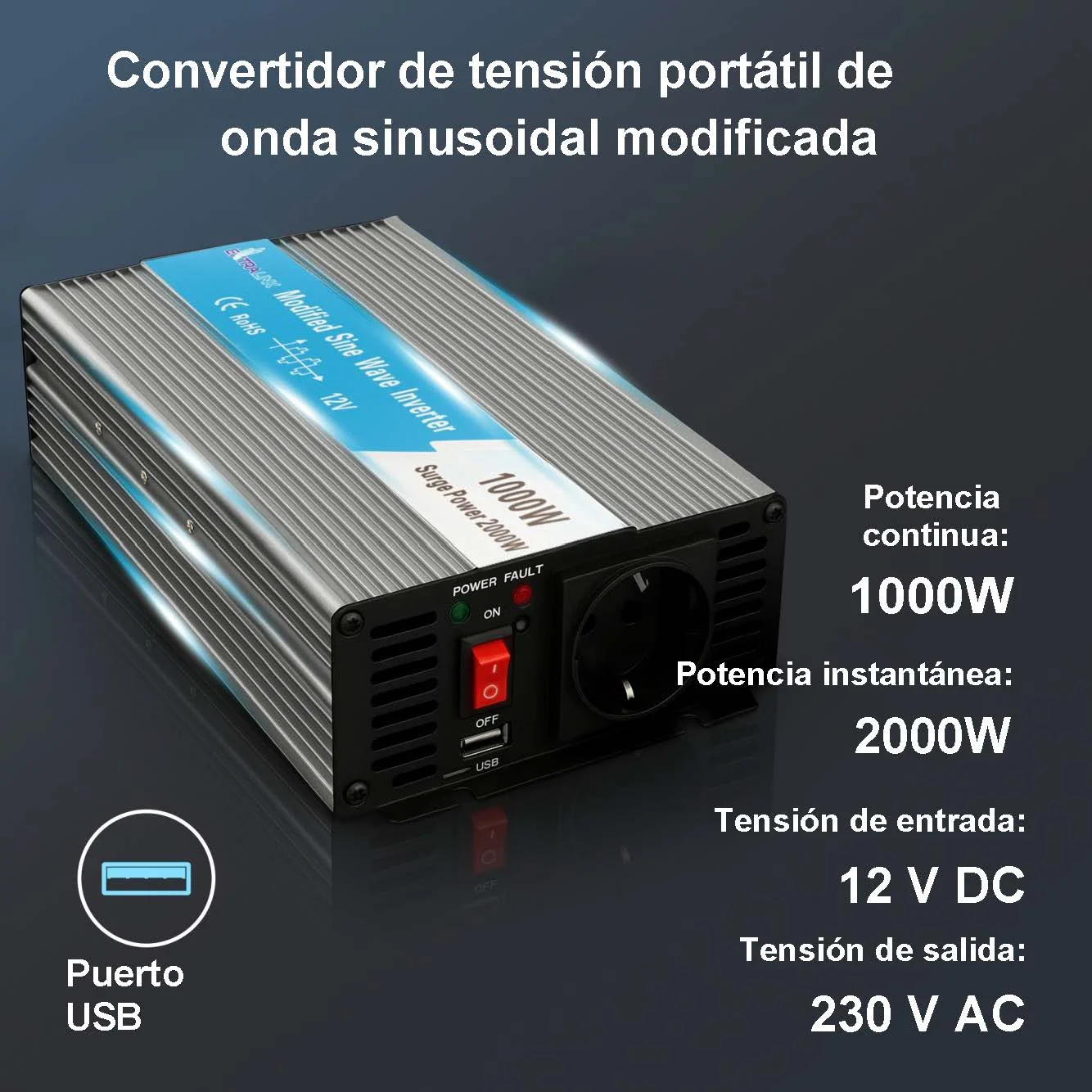 CONVERTIDOR DE TENSI&Oacute;N EXTRALINK 12V - 230V, 1000W, SINUSOIDAL MODIFICADO OPIM-1000W