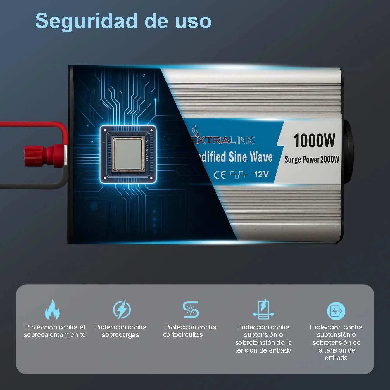 CONVERTIDOR DE TENSI&Oacute;N EXTRALINK 12V - 230V, 1000W, SINUSOIDAL MODIFICADO OPIM-1000W