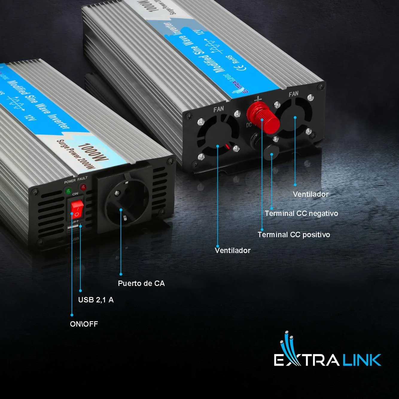 Extralink OPIM-1000W | Convertidor de tensi&oacute;n | automoci&oacute;n 12V, 1000W onda sinusoidal modificada
