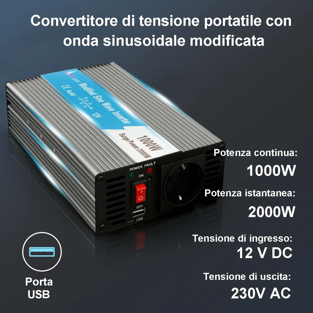 CONVERTITORE DI TENSIONE EXTRALINK 12V - 230V, 1000W, SINUSOIDALE MODIFICATO OPIM-1000W