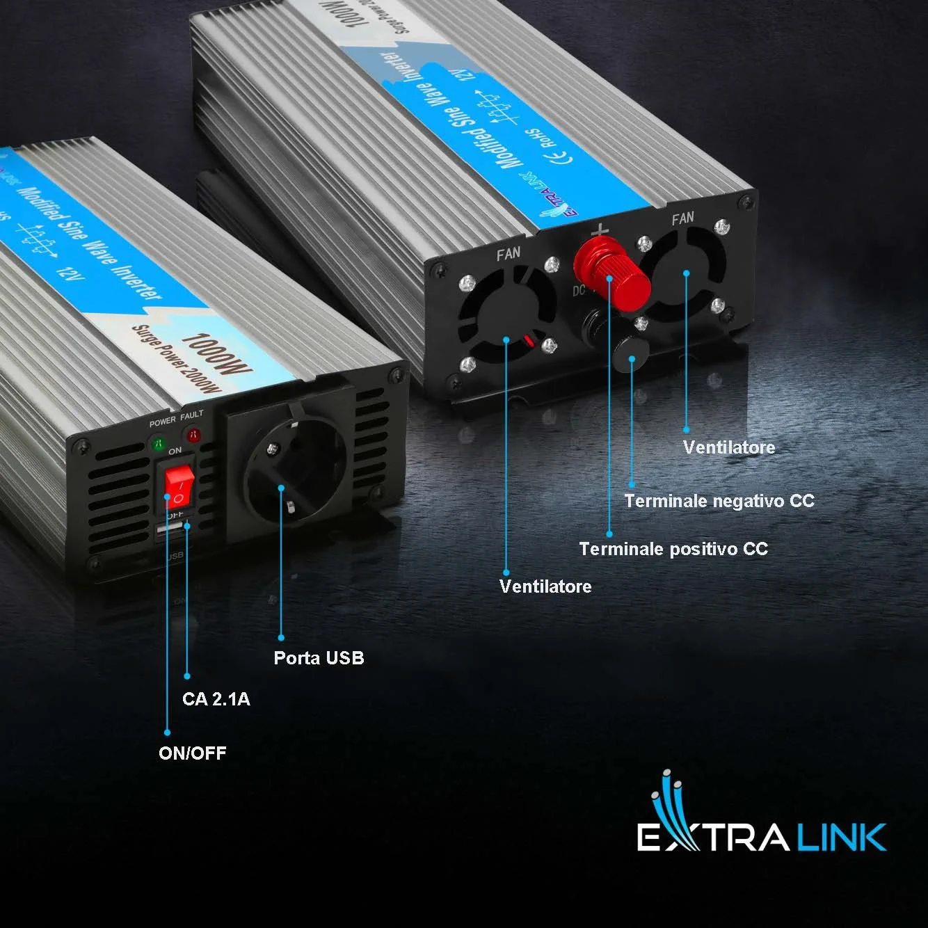 Extralink OPIM-1000W | Convertitore di tensione | automotive 12V, 1000W onda sinusoidale modificata