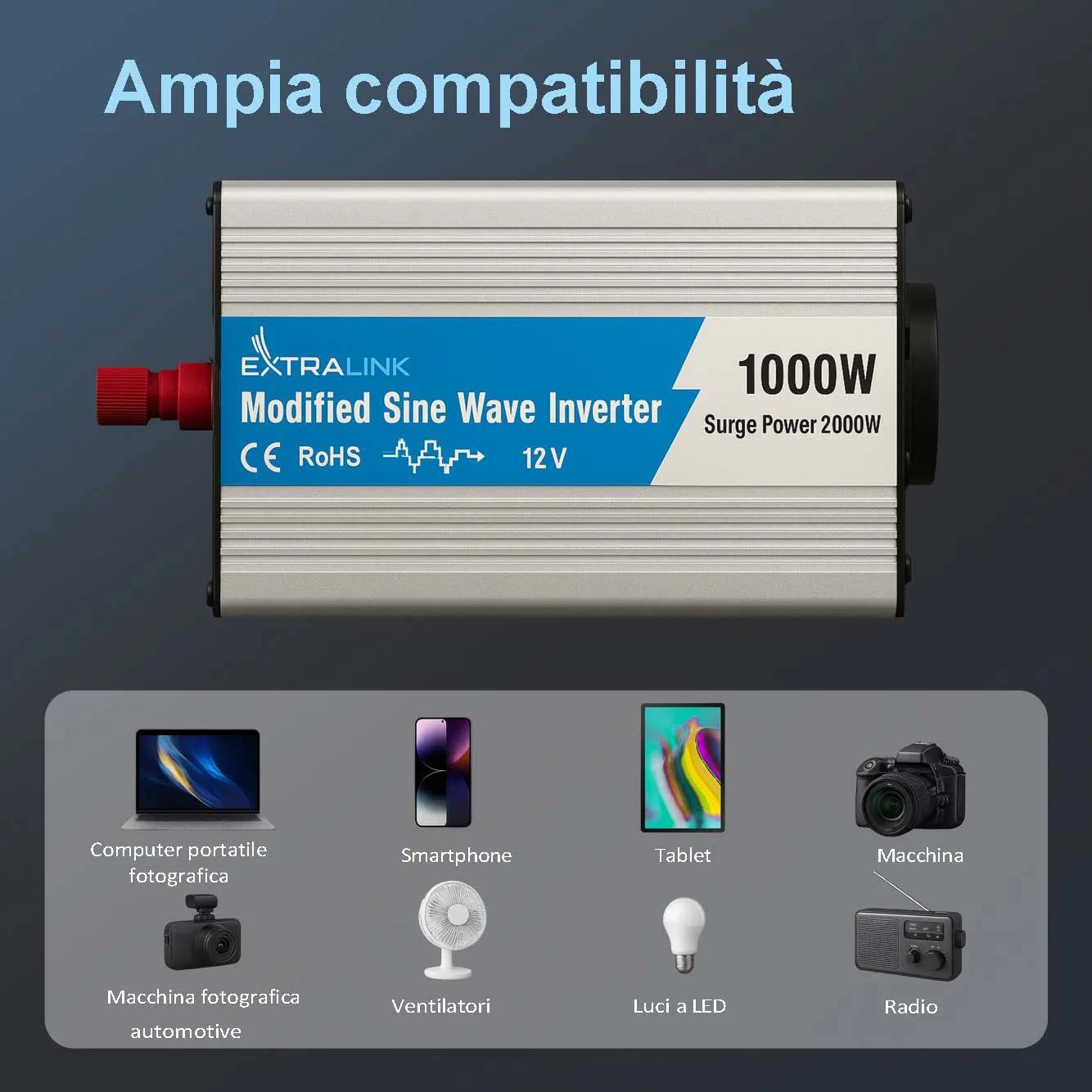 Extralink OPIM-1000W | Convertitore di tensione | automotive 12V, 1000W onda sinusoidale modificata
