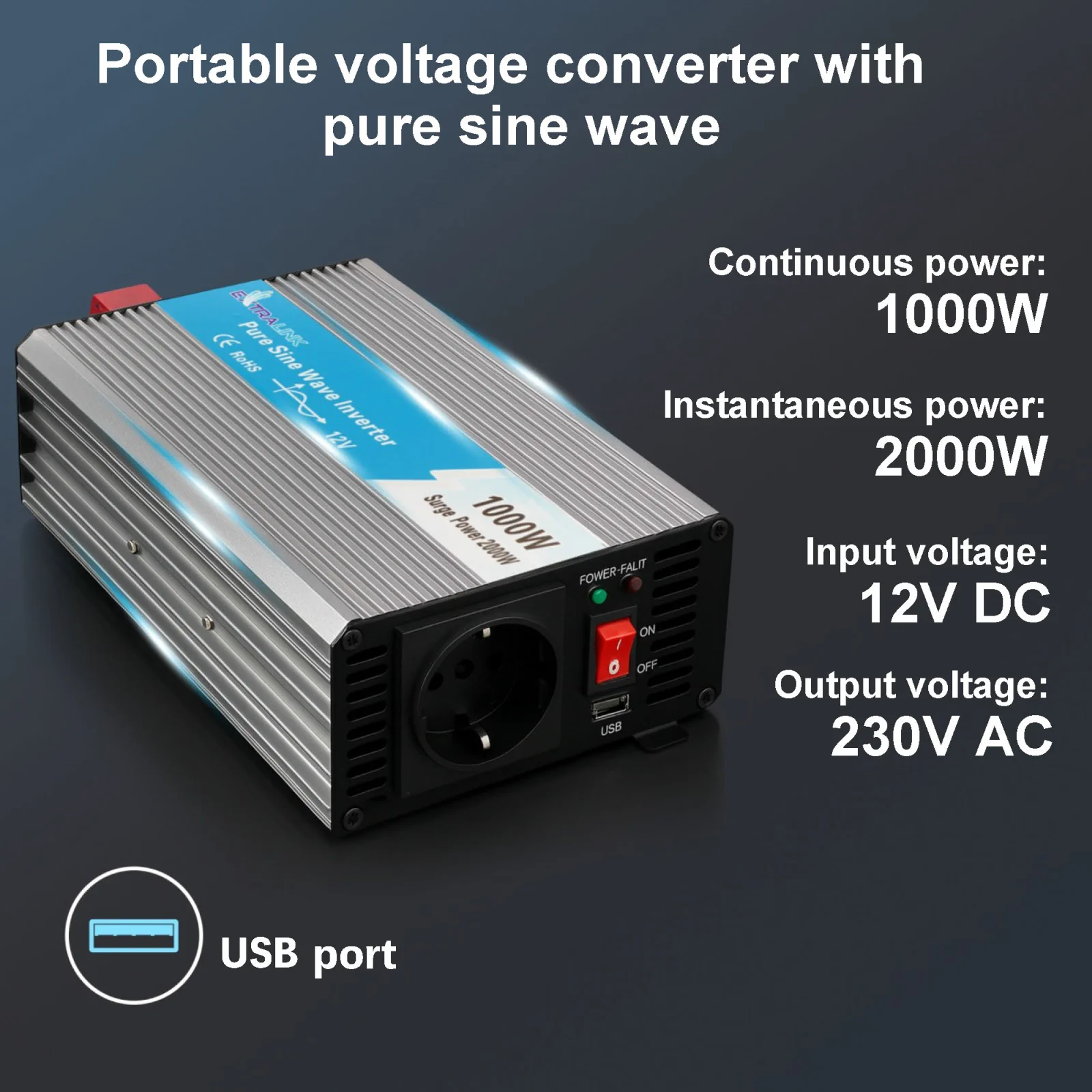 EXTRALINK MĚNIČ NAPĚTÍ 12V - 230V, 1000W, PURE SINUS OPIP-1000W