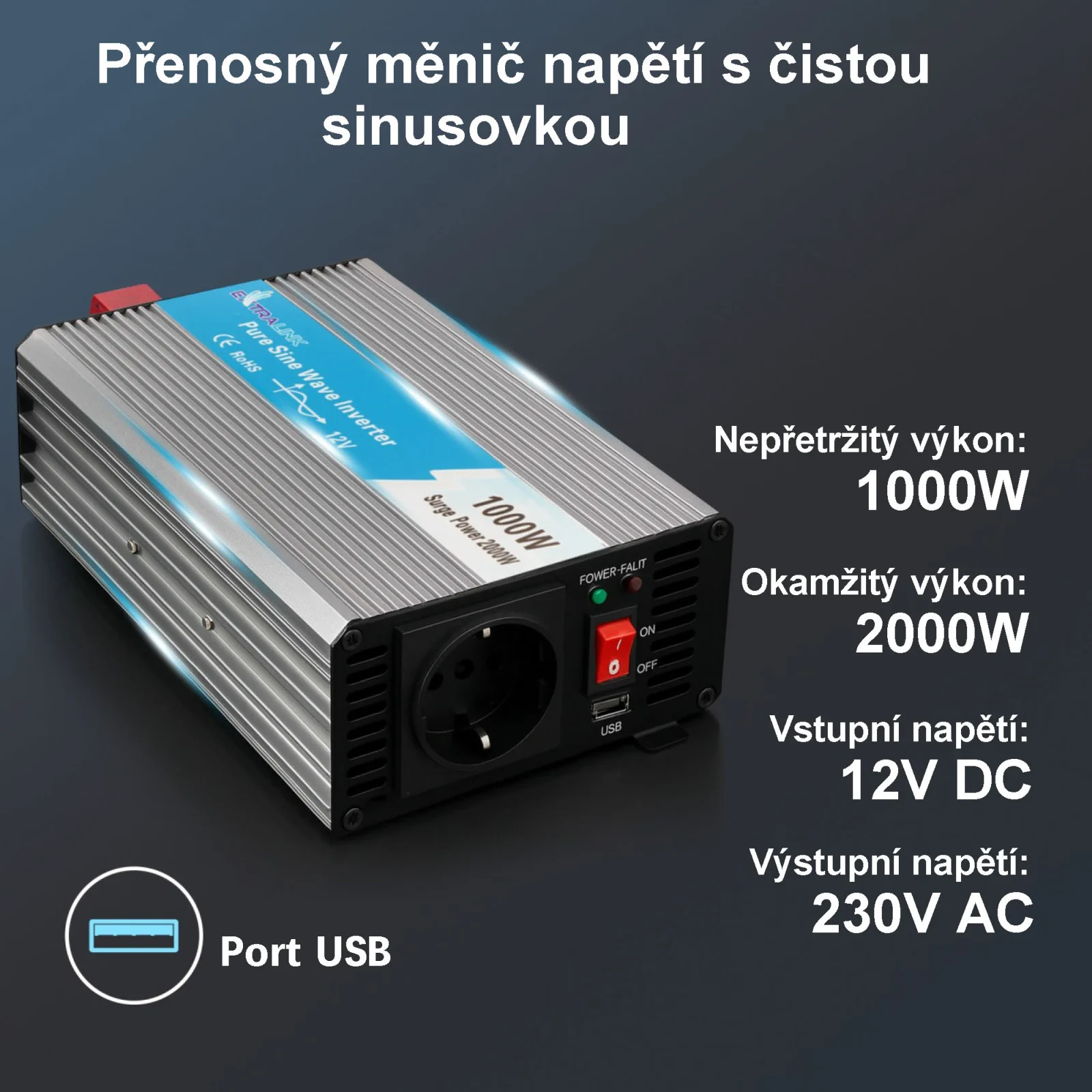 EXTRALINK MĚNIČ NAPĚTÍ 12V - 230V, 1000W, PURE SINUS OPIP-1000W
