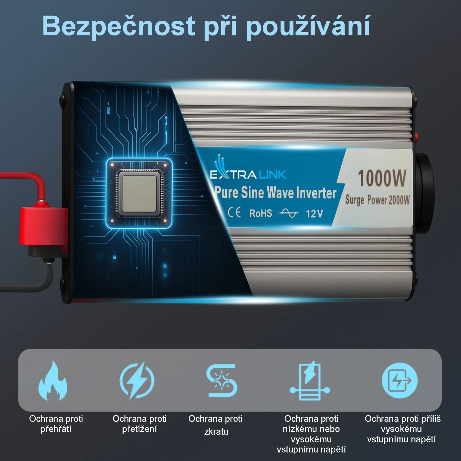 EXTRALINK MĚNIČ NAPĚTÍ 12V - 230V, 1000W, PURE SINUS OPIP-1000W