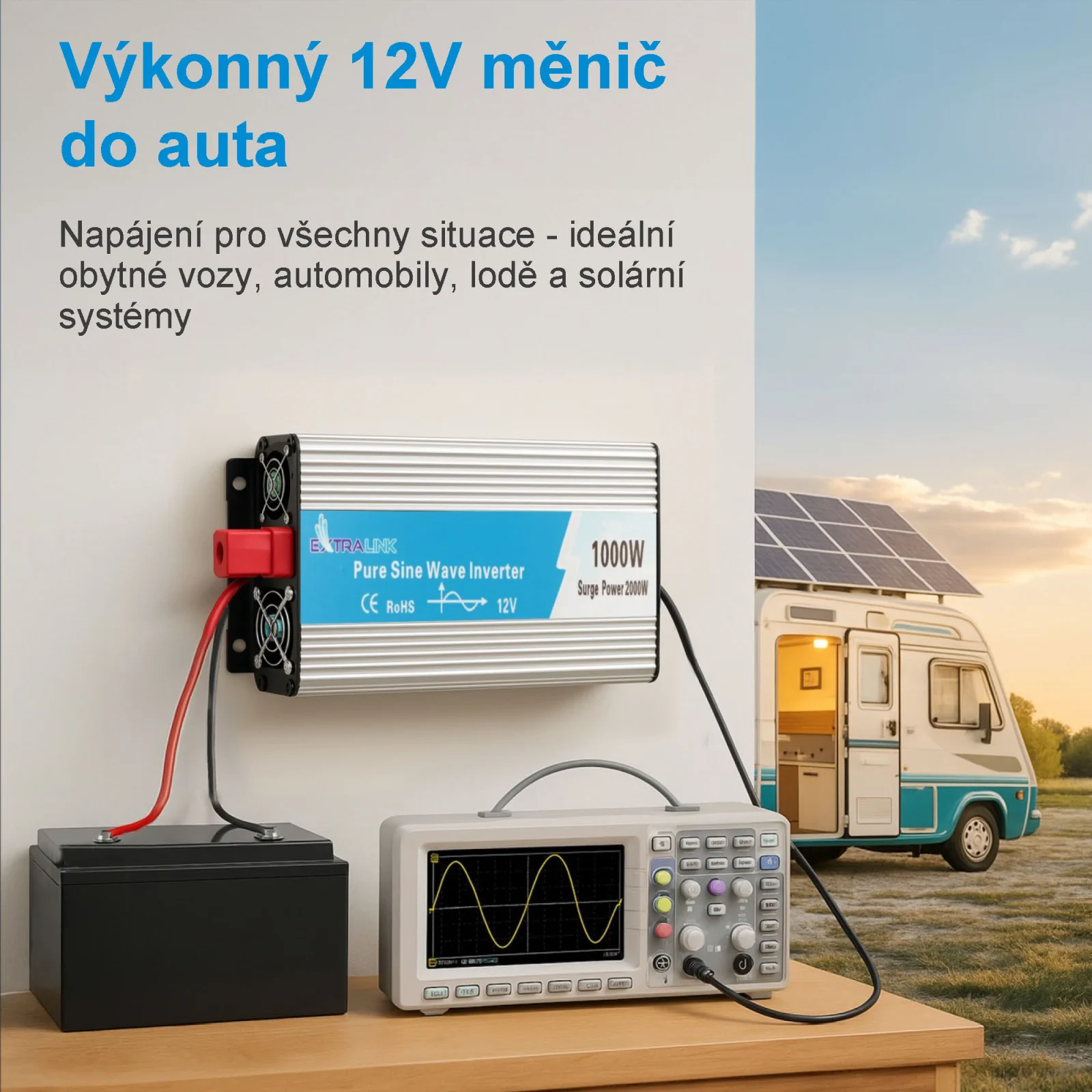 EXTRALINK MĚNIČ NAPĚTÍ 12V - 230V, 1000W, PURE SINUS OPIP-1000W