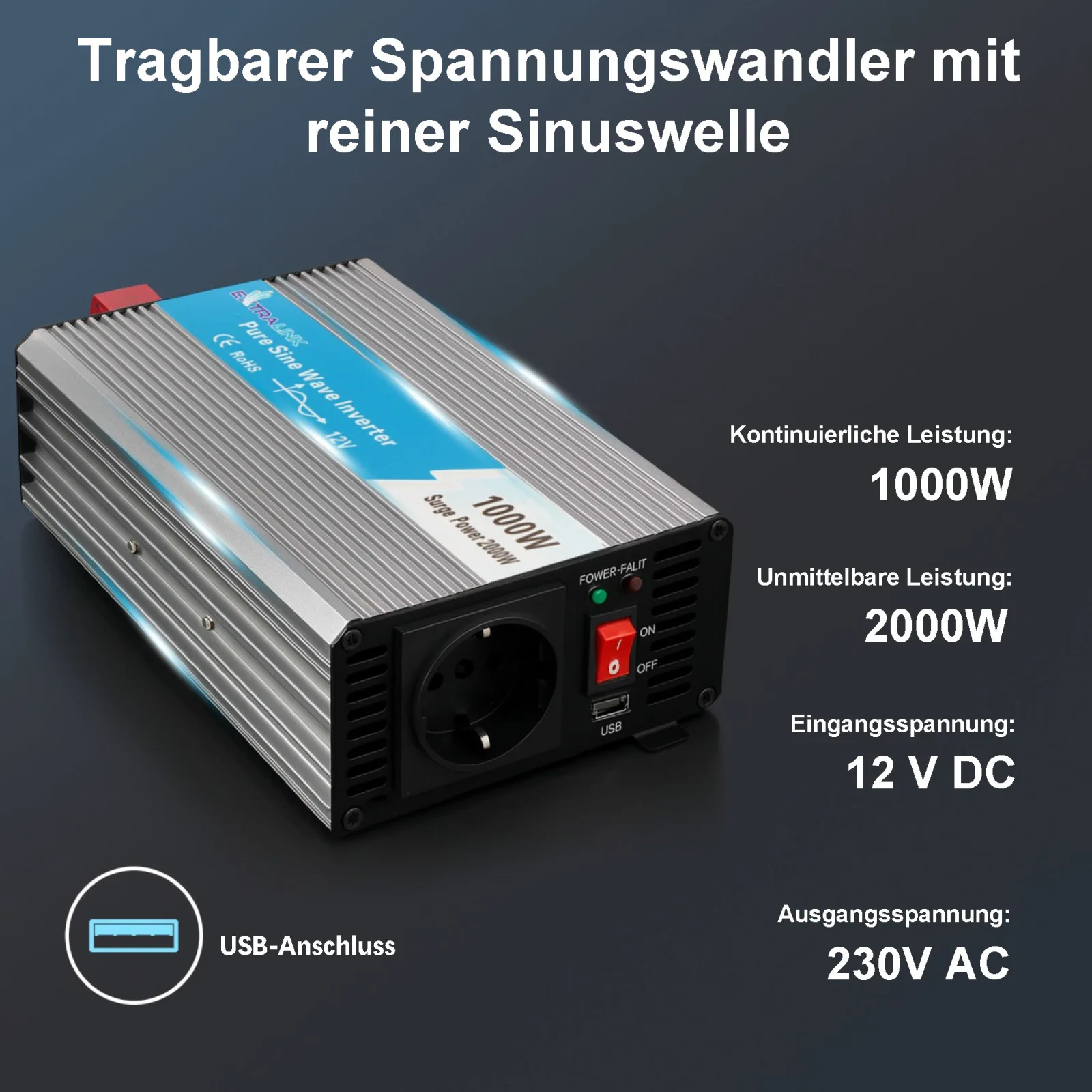 EXTRALINK SPANNUNGSWANDLER 12V - 230V, 1000W, REINER SINUS OPIP-1000W