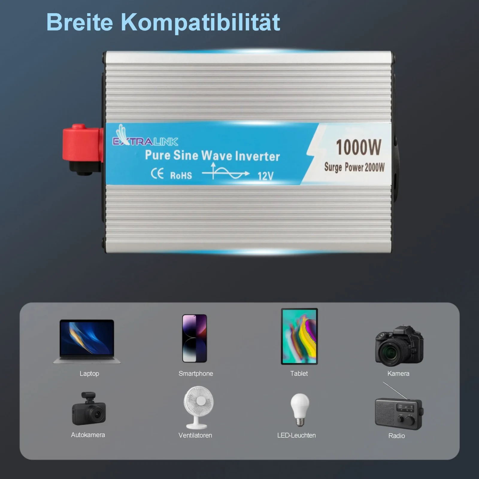 Extralink OPIP-1000W | Spannungswandler | 12V - 230W, 1000W, reine Sinuswelle