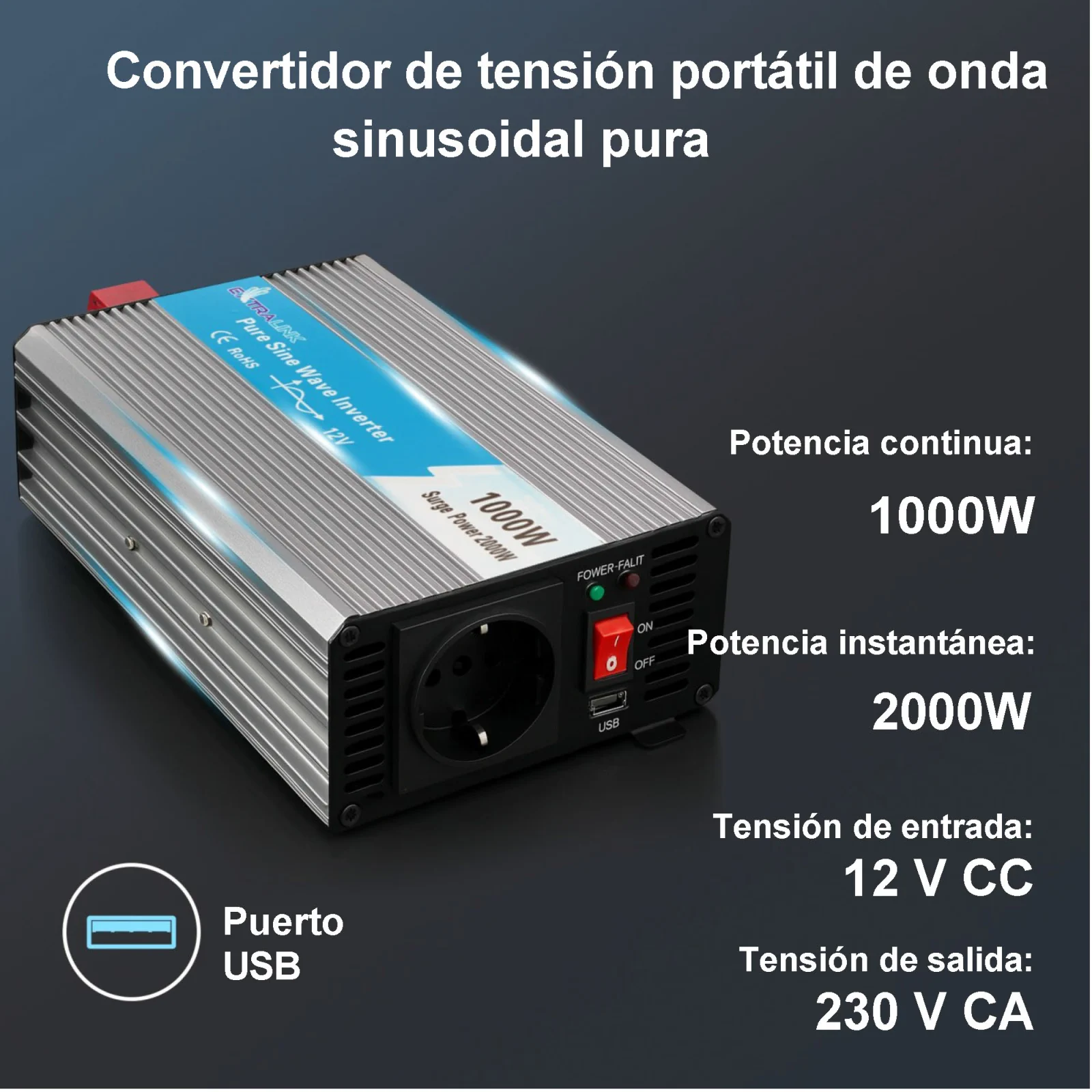 CONVERTIDOR DE TENSIÓN EXTRALINK 12V - 230V, 1000W, SINUSOIDAL PURO OPIP-1000W