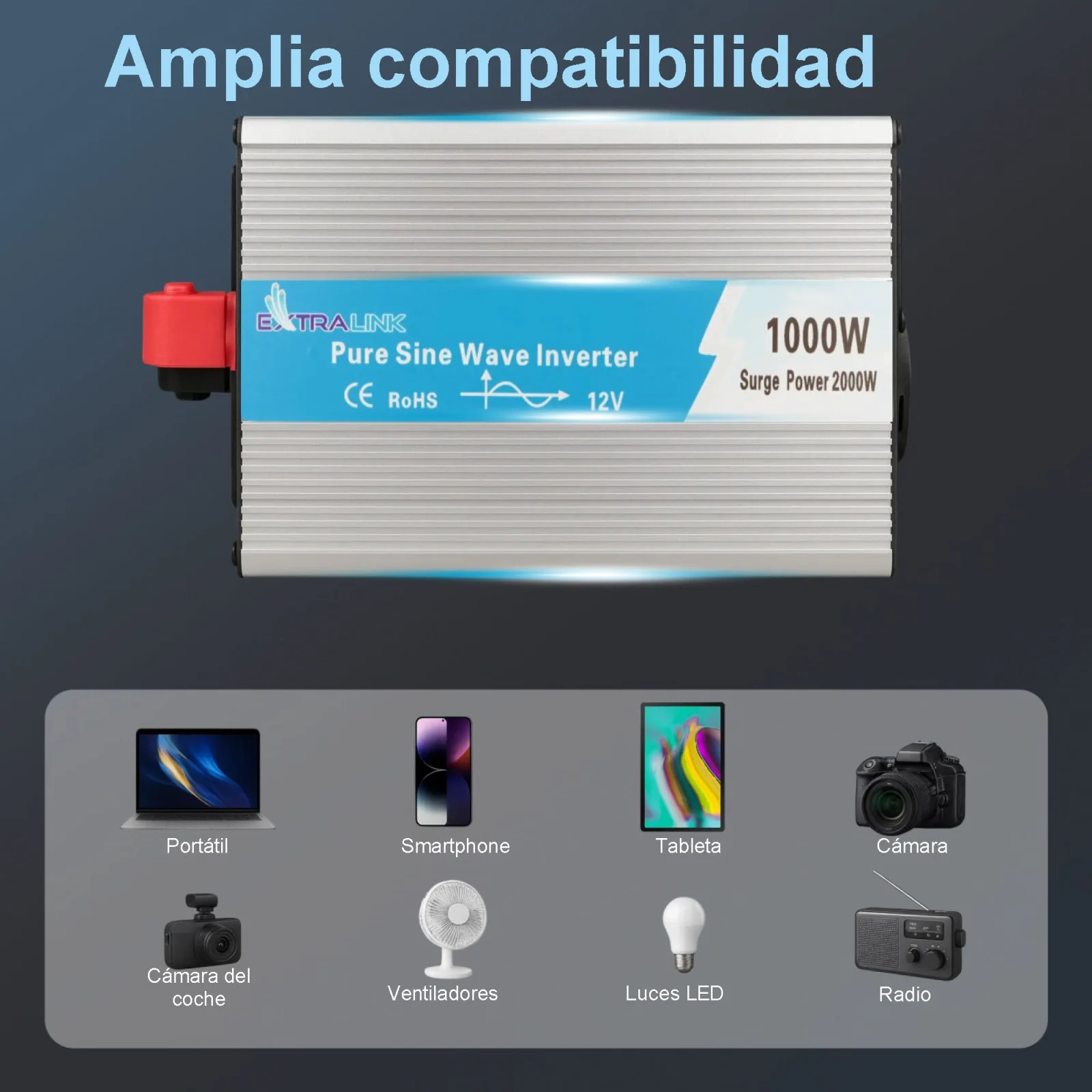 Extralink OPIP-1000W | Convertidor de tensión | 12V - 230W, 1000W, onda sinusoidal pura