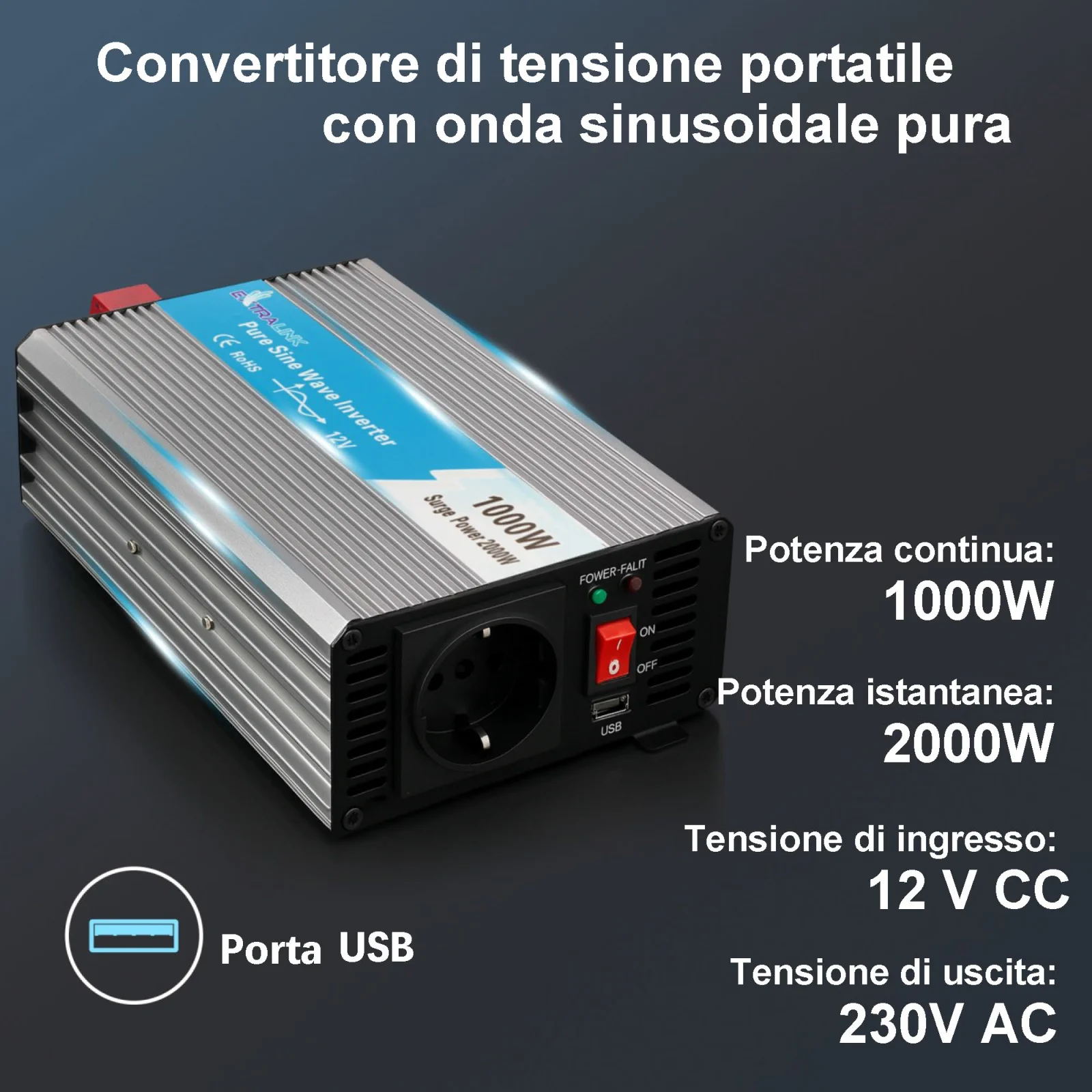 CONVERTITORE DI TENSIONE EXTRALINK 12V - 230V, 1000W, SINUS PURO OPIP-1000W