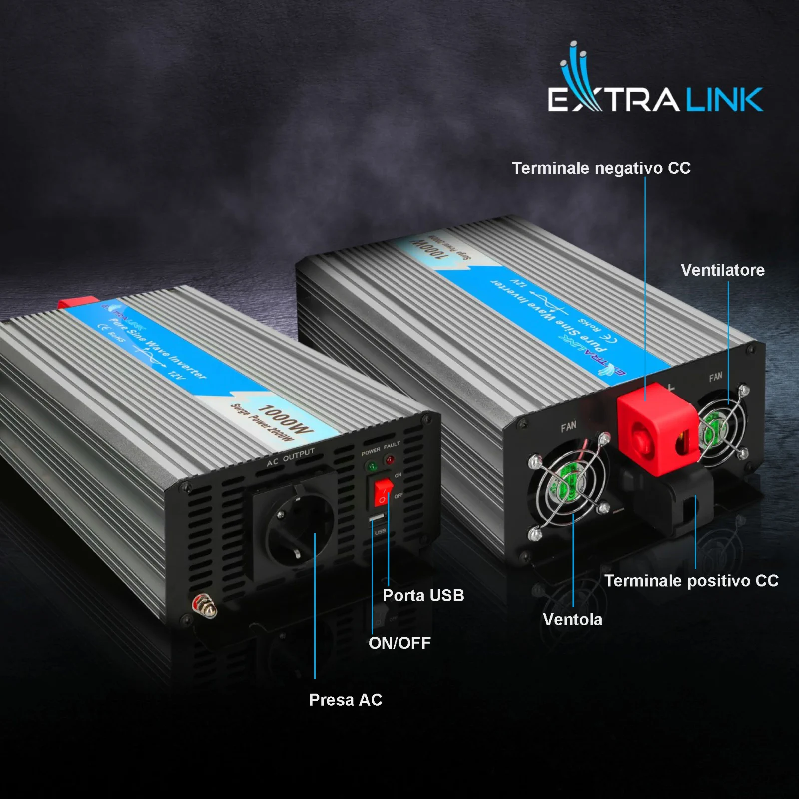 Extralink OPIP-1000W | Convertitore di tensione | 12V - 230W, 1000W, onda sinusoidale pura