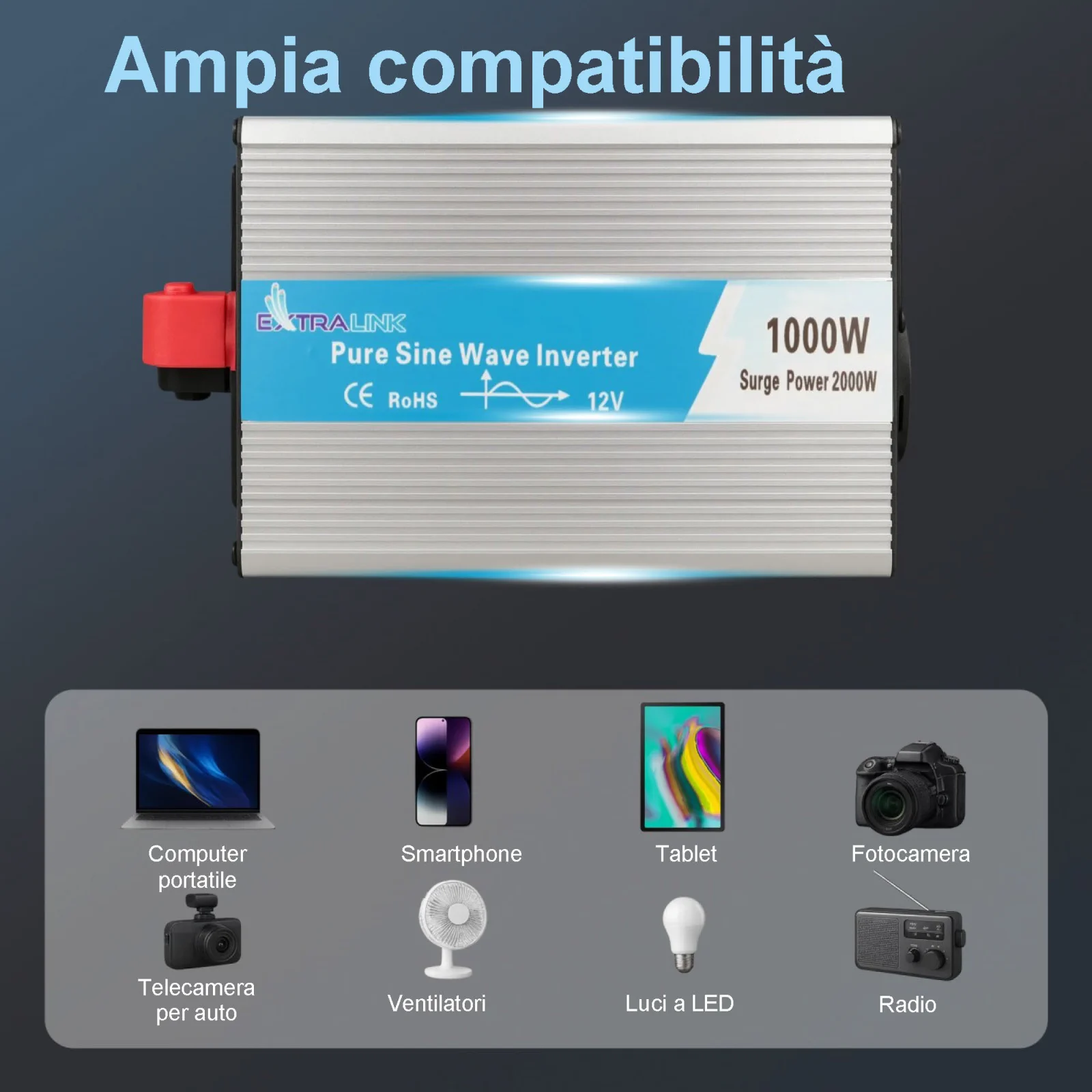 Extralink OPIP-1000W | Convertitore di tensione | 12V - 230W, 1000W, onda sinusoidale pura