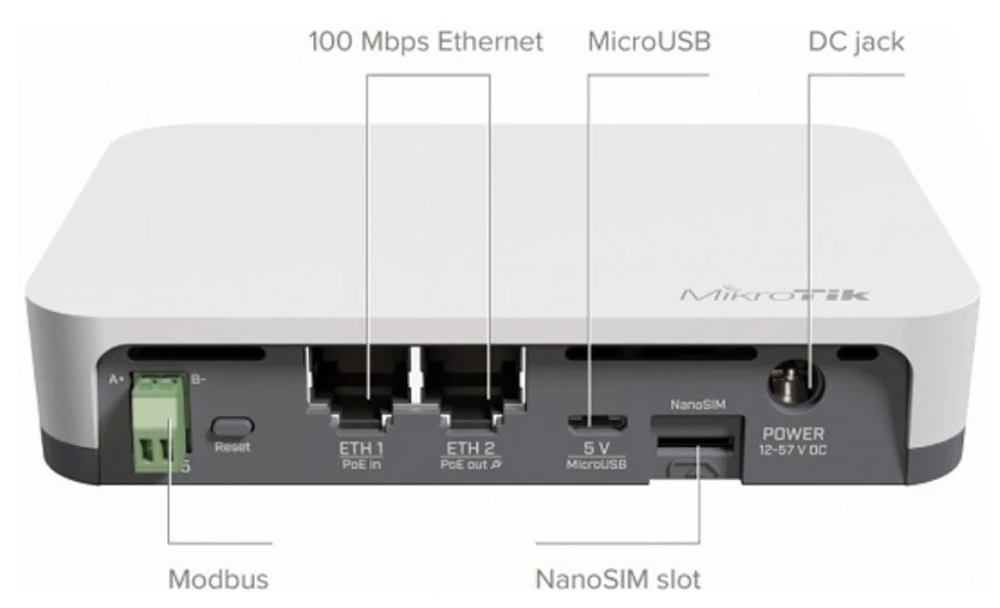 MIKROTIK KNOT RB924I-2ND-BT5&BG77 IOT GATEWAY 650 MHZ, 2,4GHZ, 2x 10/100 MB/S PORTS, MICROUSB PORT, RS485 SERIAL PORT, L4