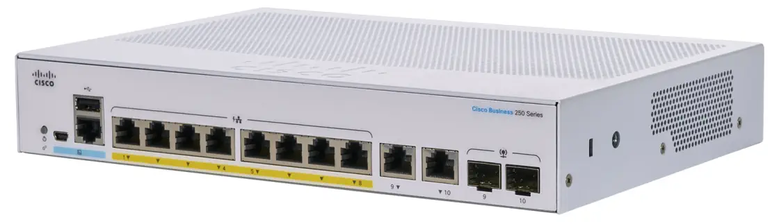 CISCO CBS250-8FP-E-2G 8-PORTS 10/100/1000 POE SWITCH, 2X RJ45/SFP COMBO, 120W