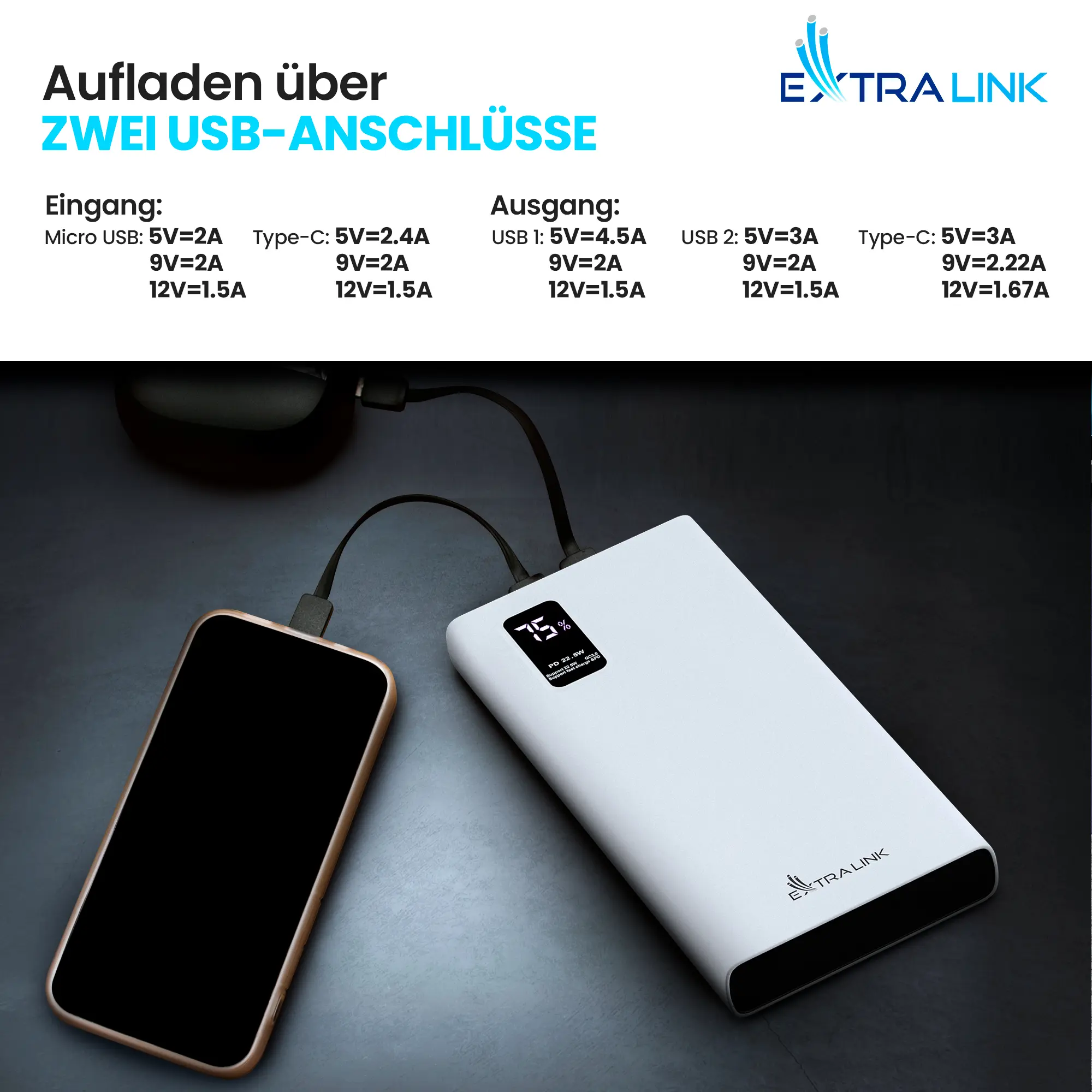 EXTRALINK EPB-067W 10000MAH SCHNELLLADUNG POWER BANK SCHWARZ