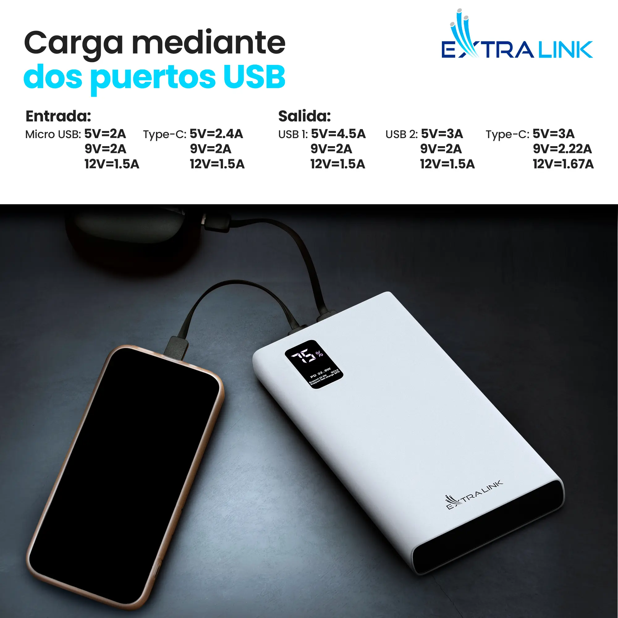 EXTRALINK EPB-067W 10000MAH FAST CHARGING POWER BANK NEGRO