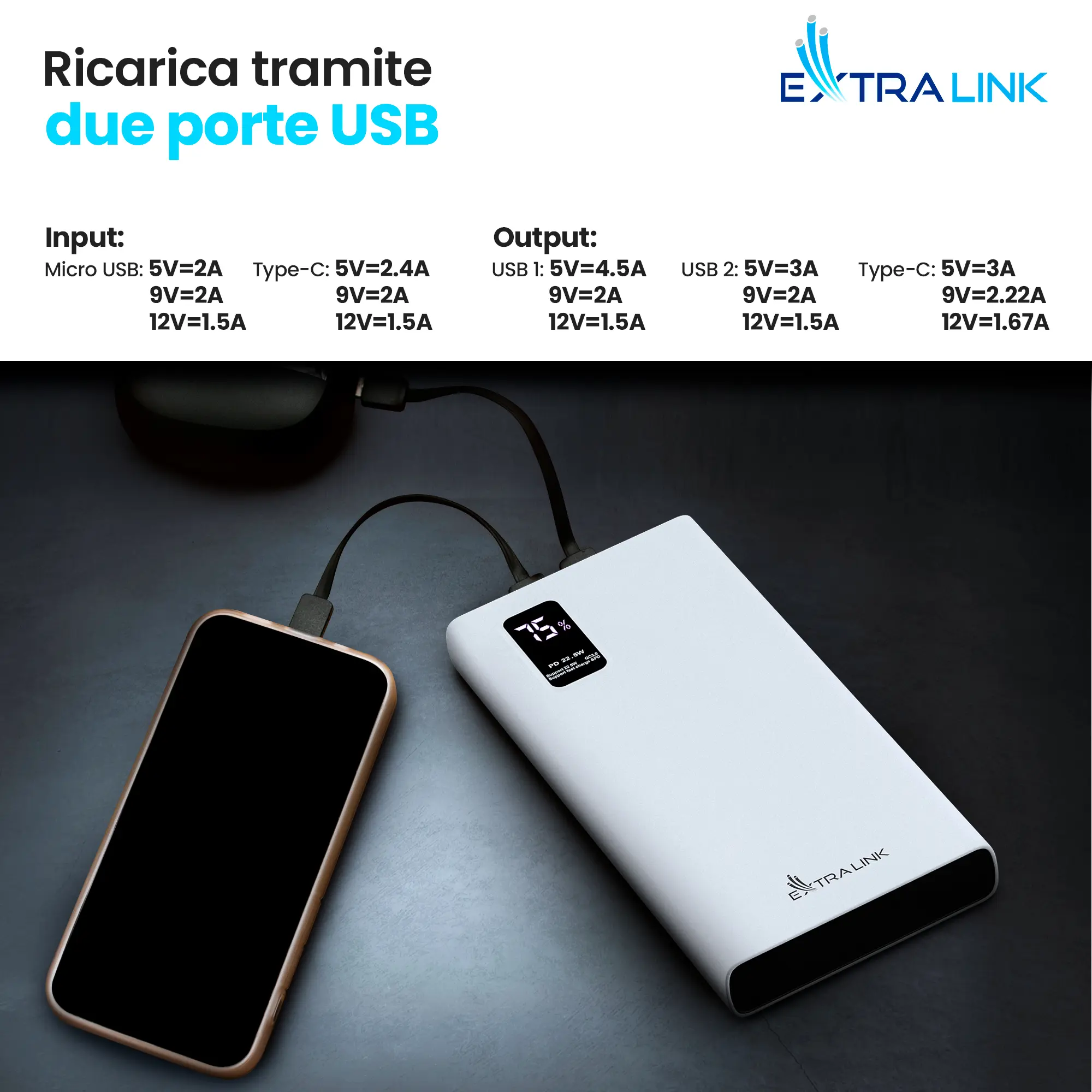 EXTRALINK EPB-067W 10000MAH RICARICA RAPIDA POWER BANK NERO