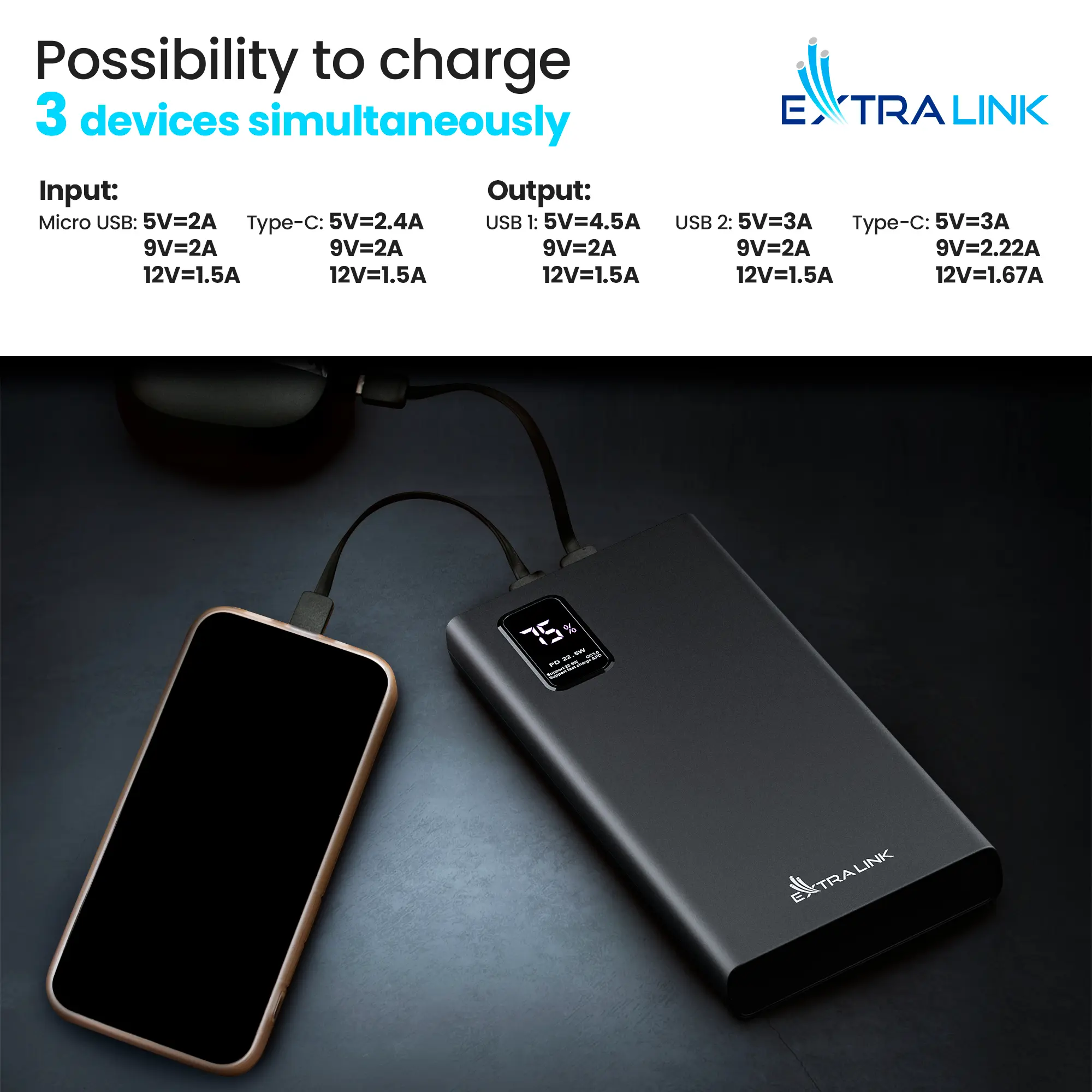 EXTRALINK EPB-067B 10000MAH FAST CHARGING POWER BANK NEGRO