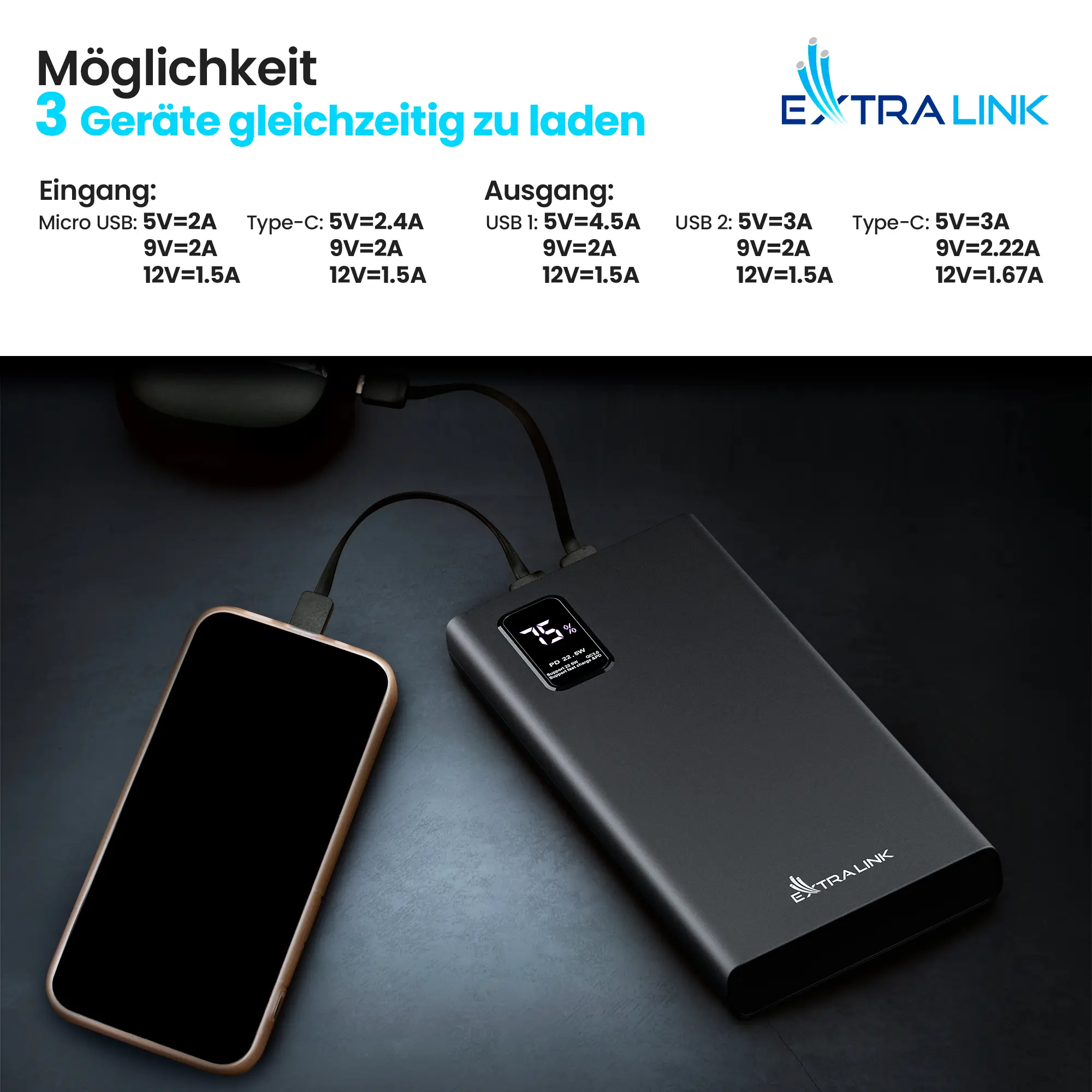 EXTRALINK EPB-067B 10000MAH SCHNELLLADUNG POWER BANK SCHWARZ