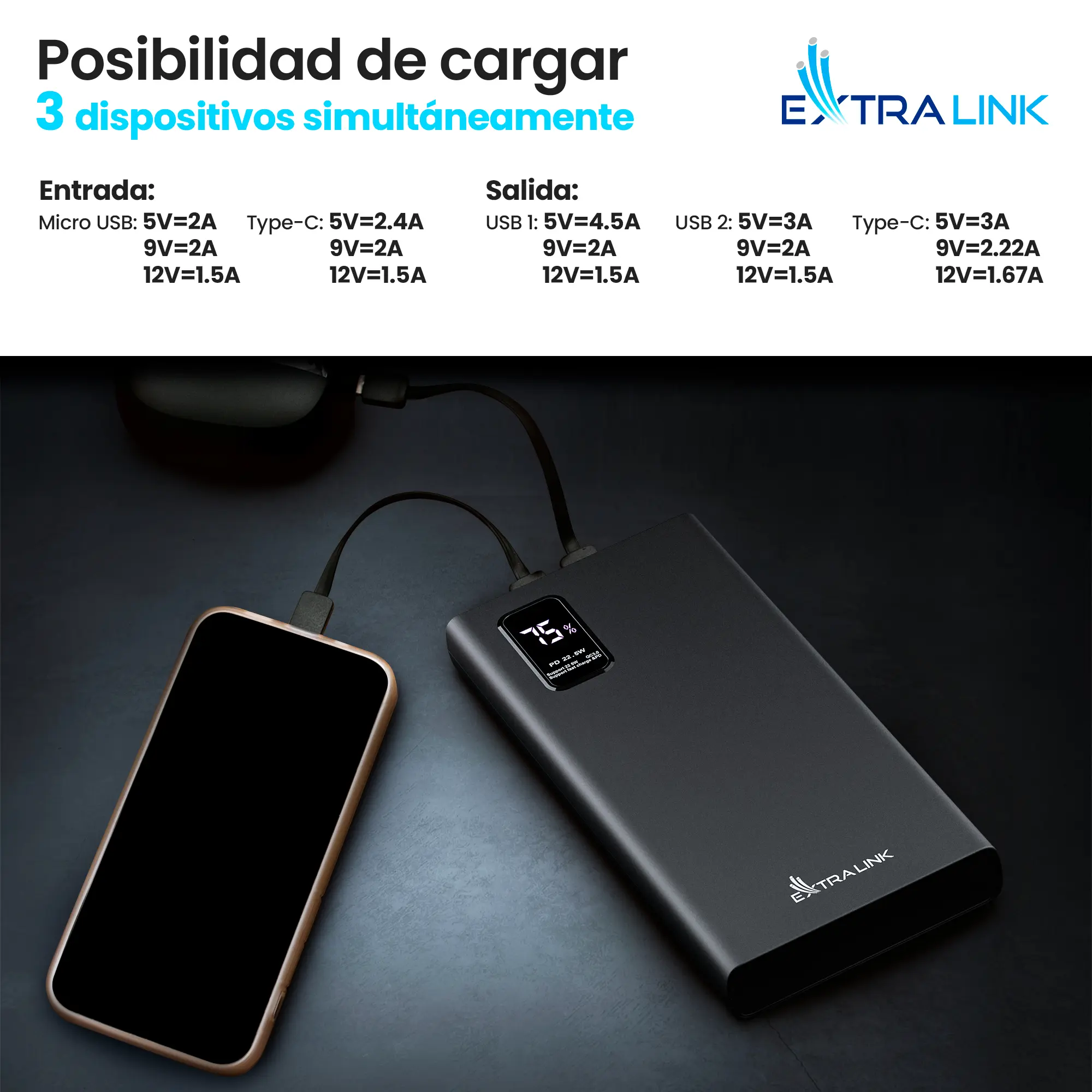 EXTRALINK EPB-067B 10000MAH FAST CHARGING POWER BANK NEGRO