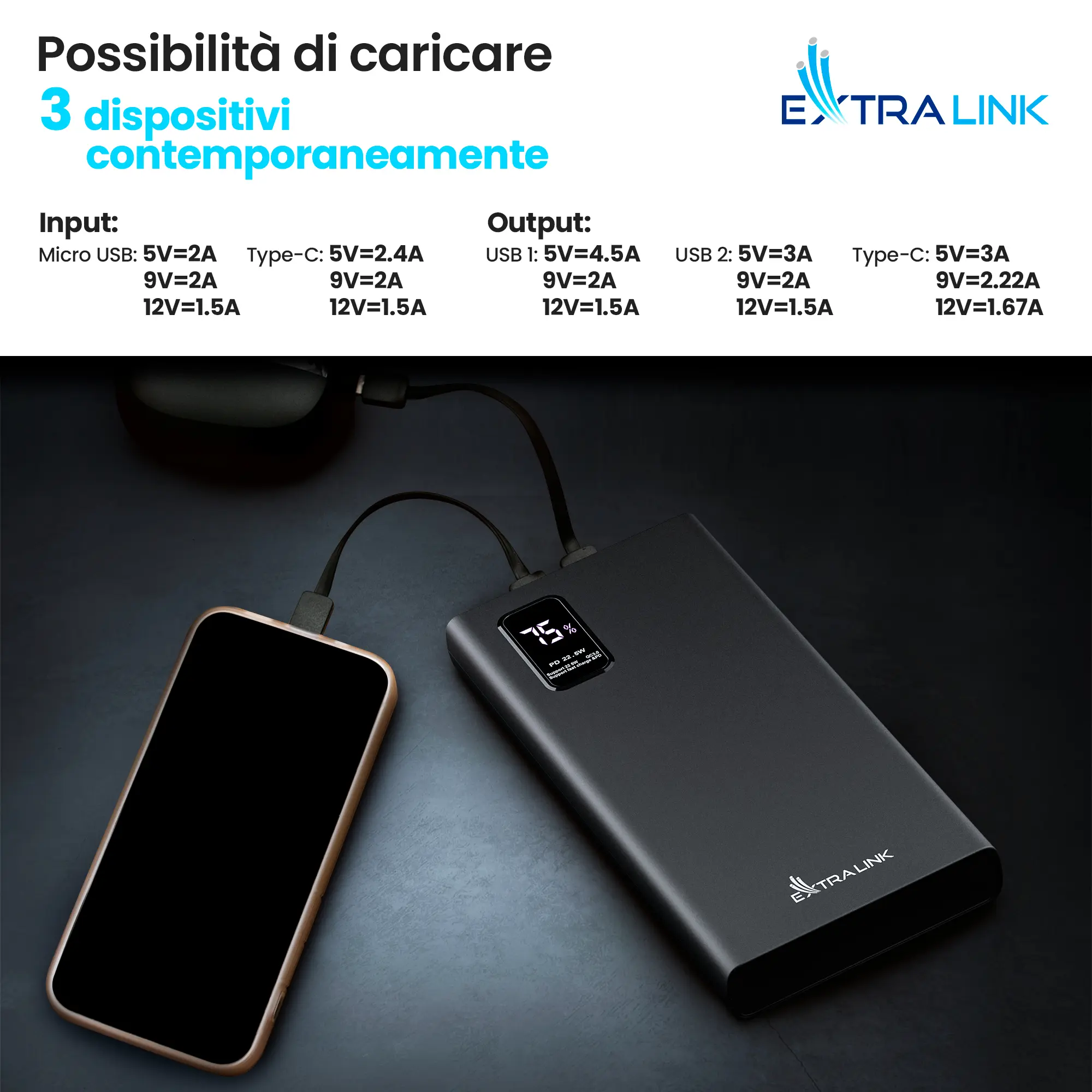 EXTRALINK EPB-067B 10000MAH RICARICA RAPIDA POWER BANK NERO